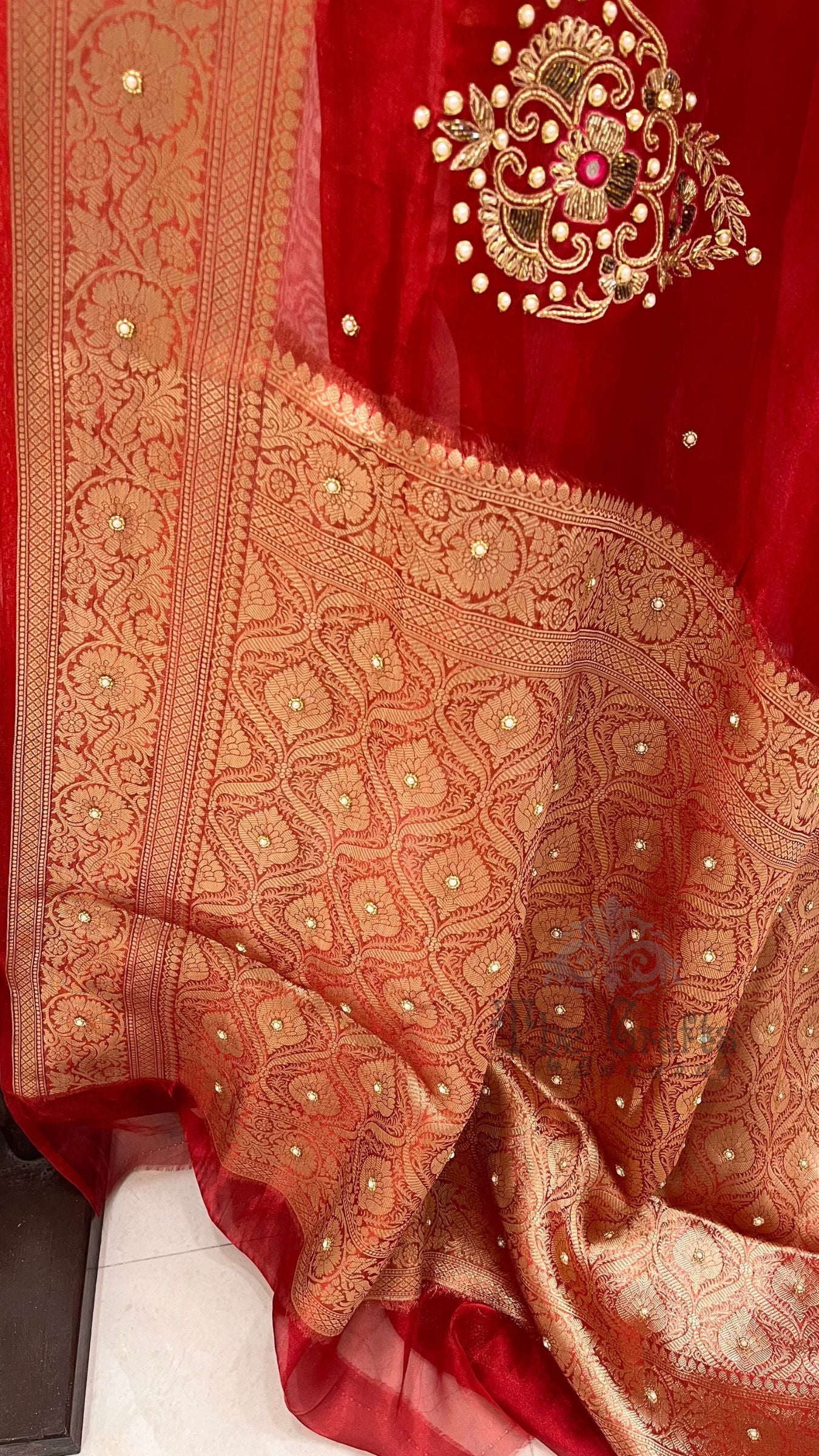 Pure Kora Silk Handloom Banarasi Saree - Handwork Zardozi Cut Dana and Stone Work