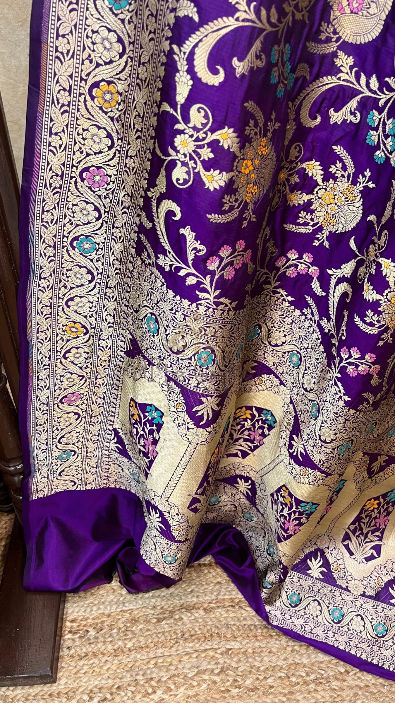 Pure Katan Silk Handloom Banarasi Saree - Jaal With Meenakari