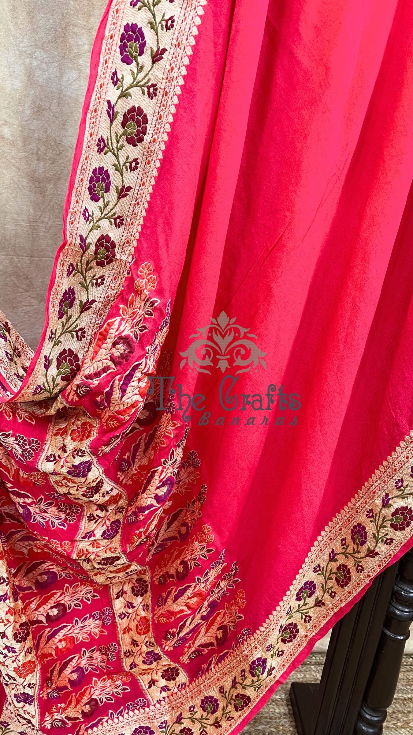 Hot Pink Pure Khaddi Chiffon Banarasi Saree