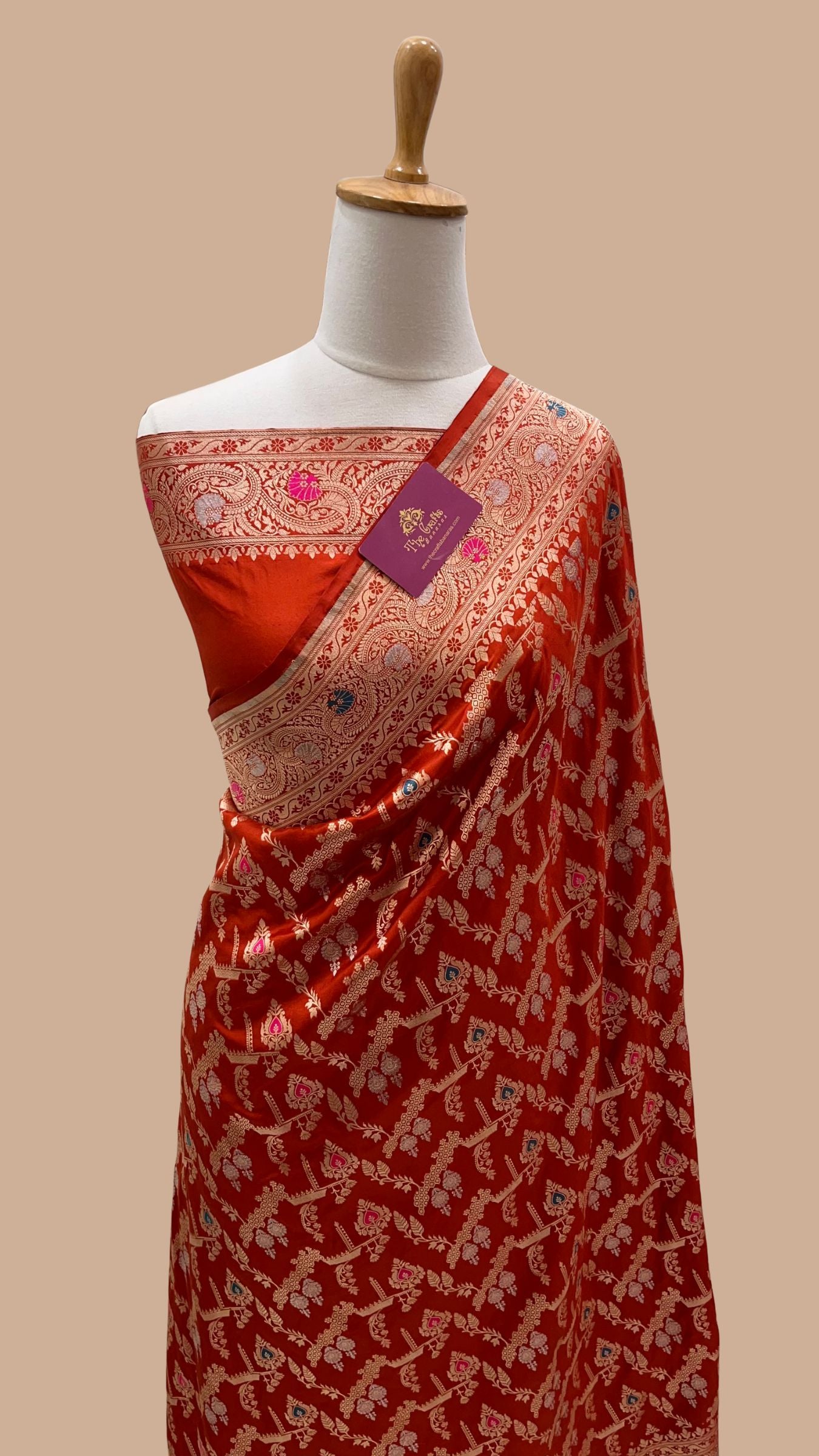 Pure Katan Silk Handloom Banarasi Saree - Jaal With Meenakari