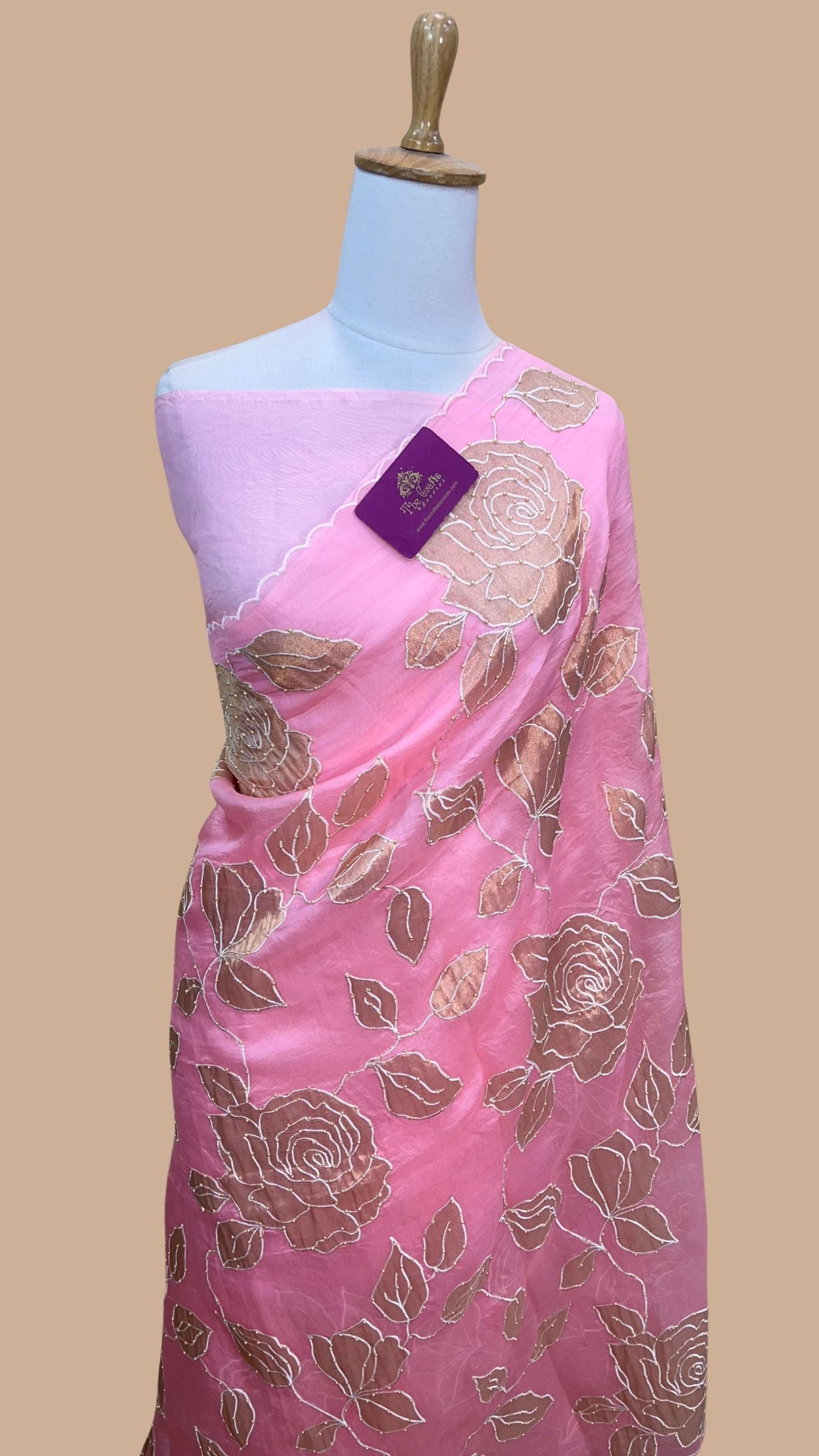 Pure Kora Organza Silk Banarasi Saree -  Applique work all over