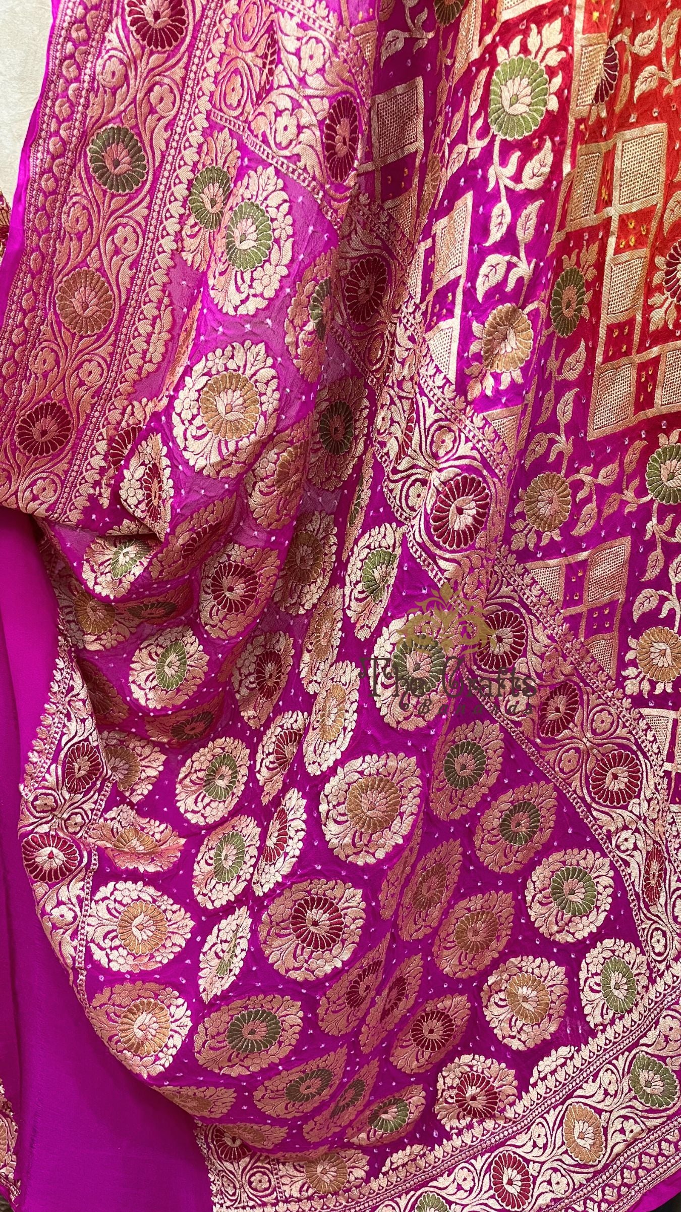 Pure Georgette Banarasi Handloom Bandhej Saree-With Meenakari Work