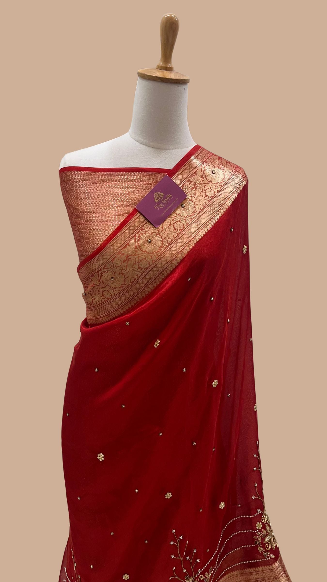 Pure Kora Silk Handloom Banarasi Saree - Handwork Zardozi Cut Dana and Stone Work
