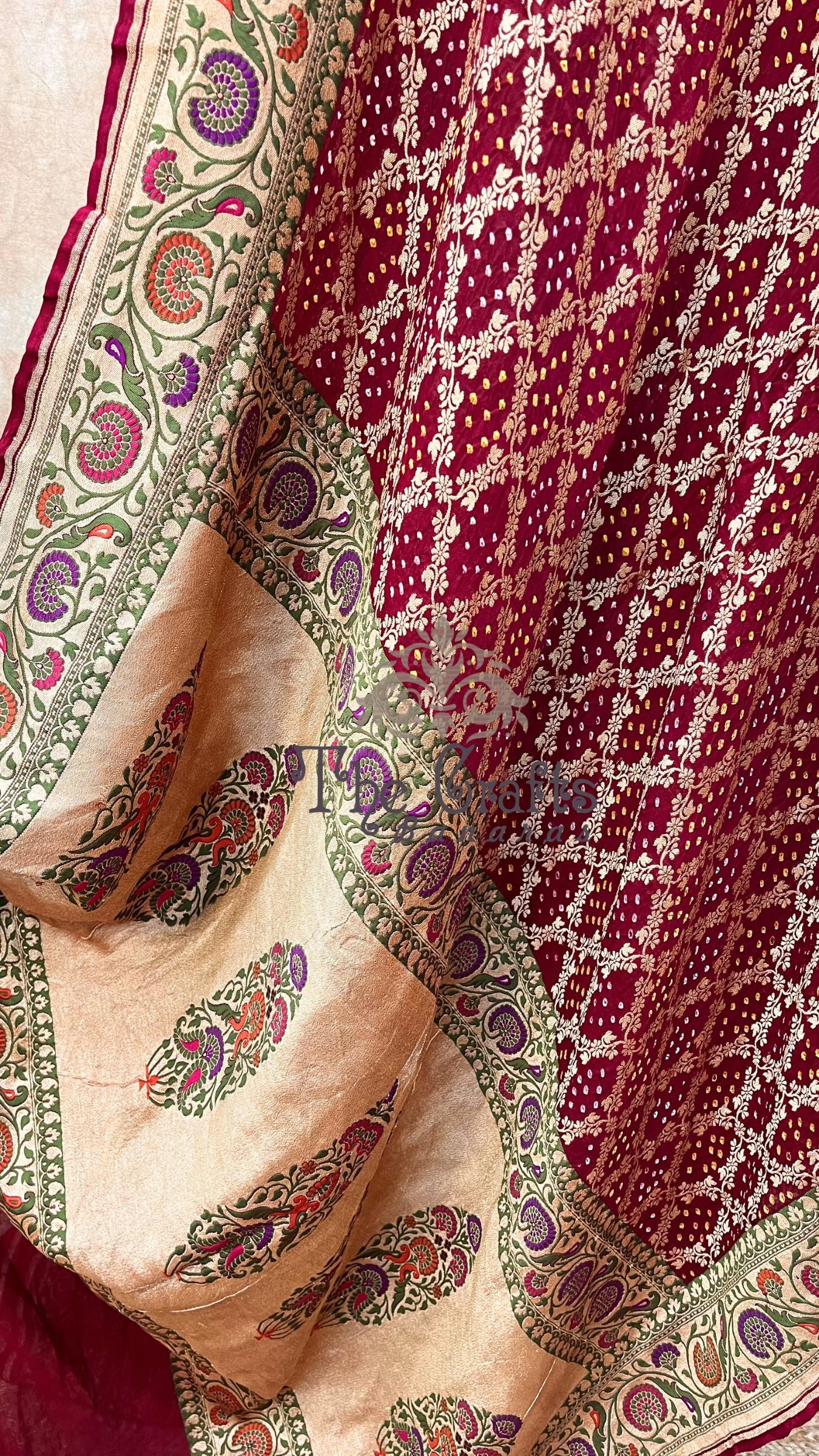 Pure Georgette Banarasi Handloom Bandhej Saree-With Meenakari Work