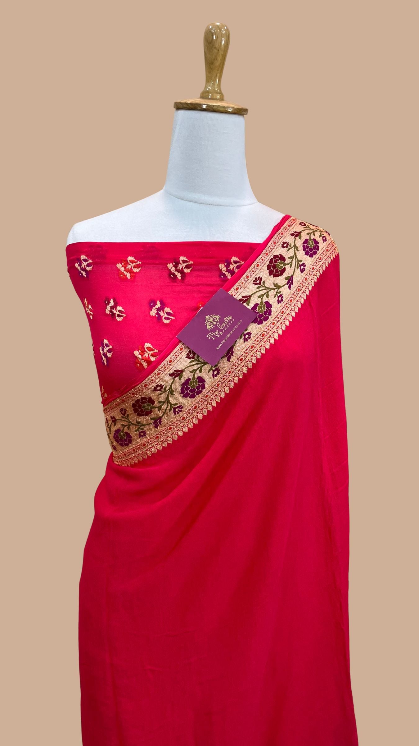 Hot Pink Pure Khaddi Chiffon Banarasi Saree