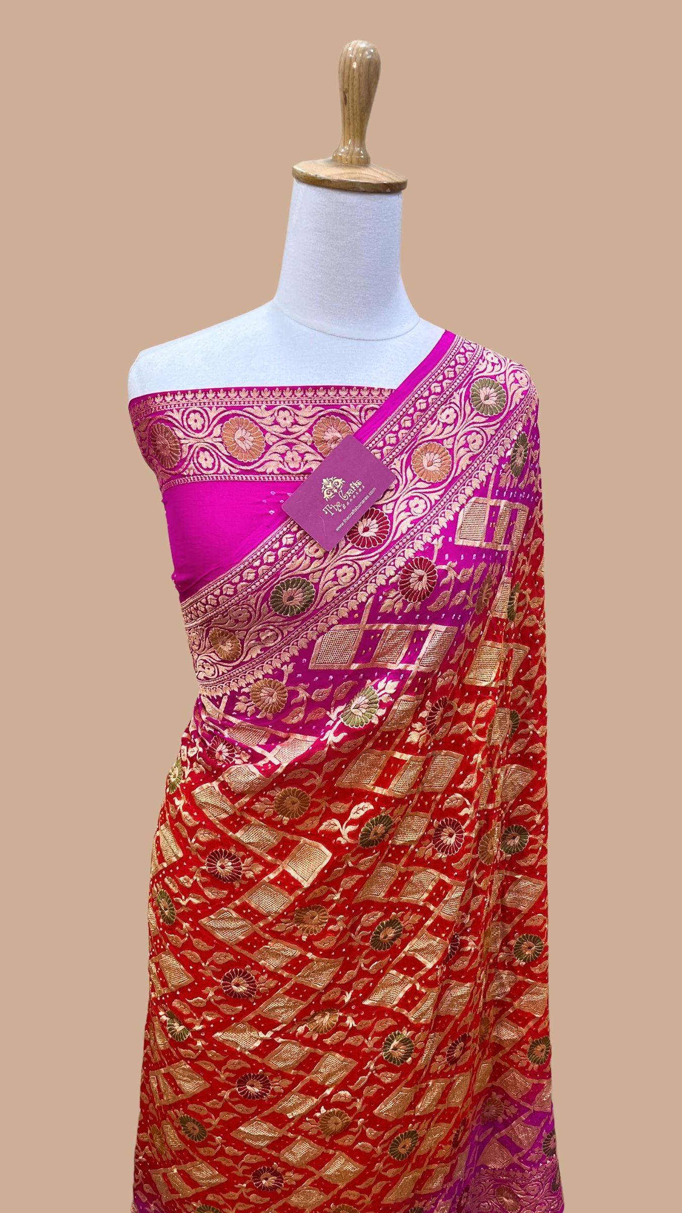 Pure Georgette Banarasi Handloom Bandhej Saree-With Meenakari Work