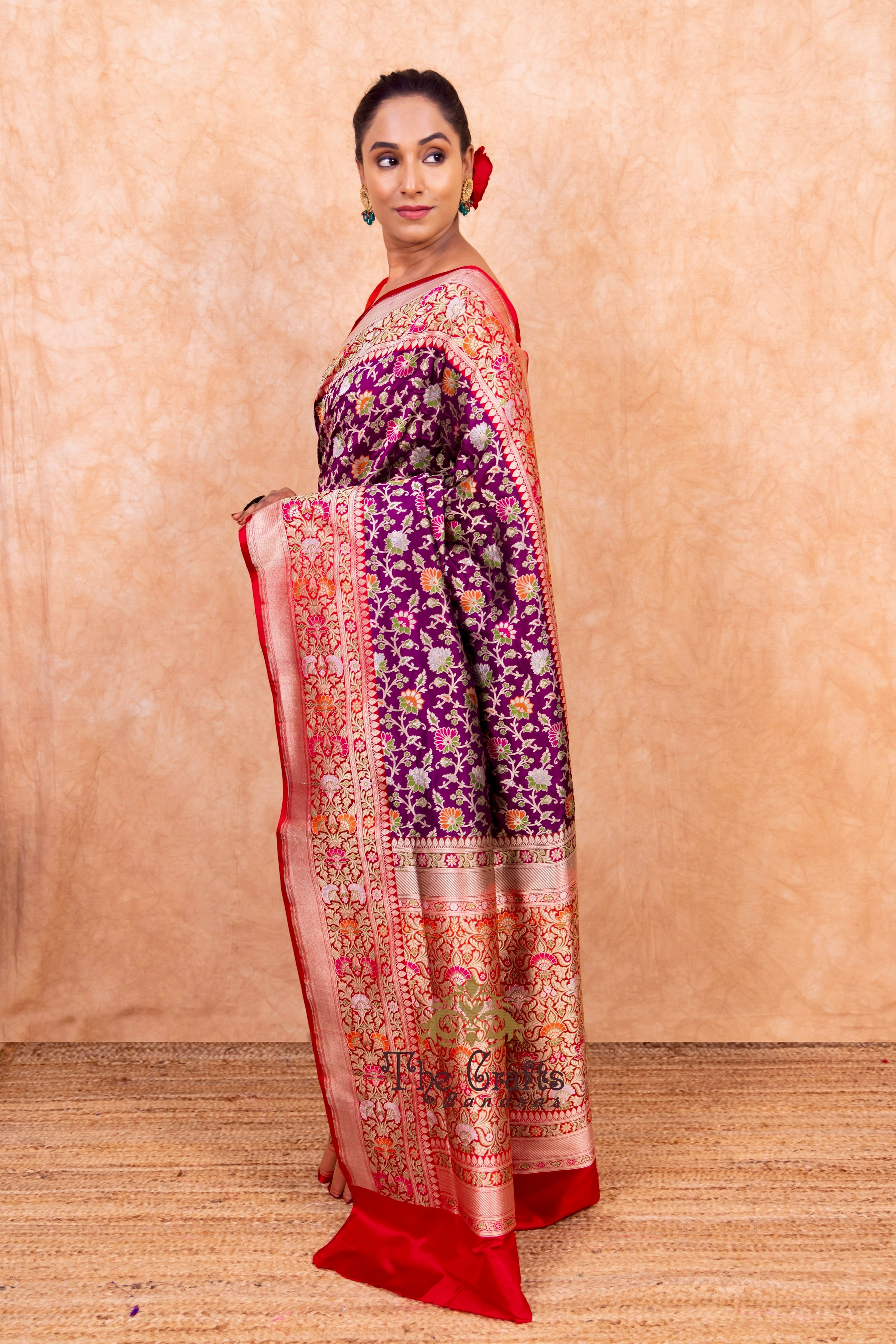 Pure Katan Silk Handloom Banarasi Saree - Jall Work With Meenakari Tilfi