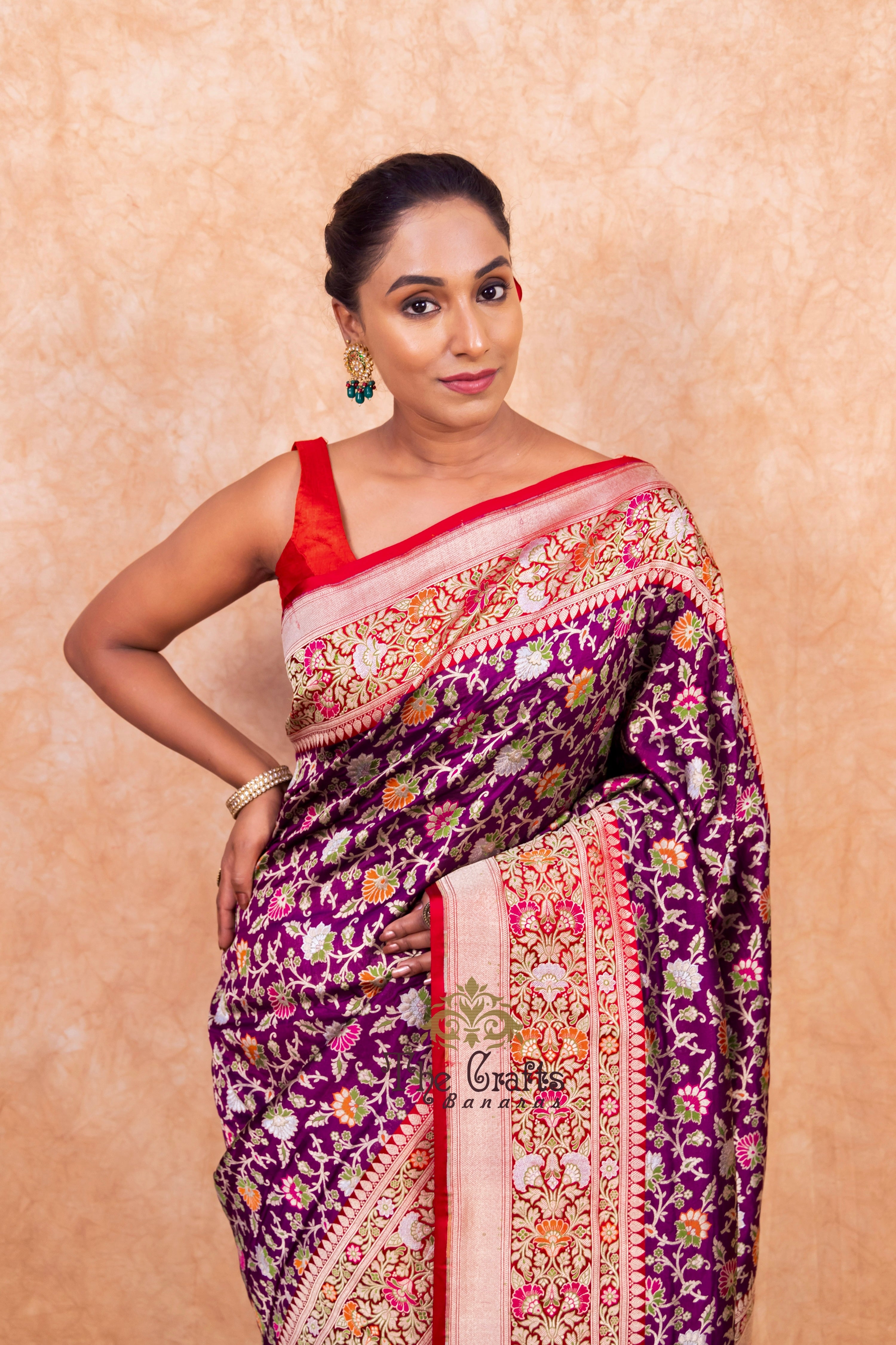 Pure Katan Silk Handloom Banarasi Saree - Jall Work With Meenakari Tilfi