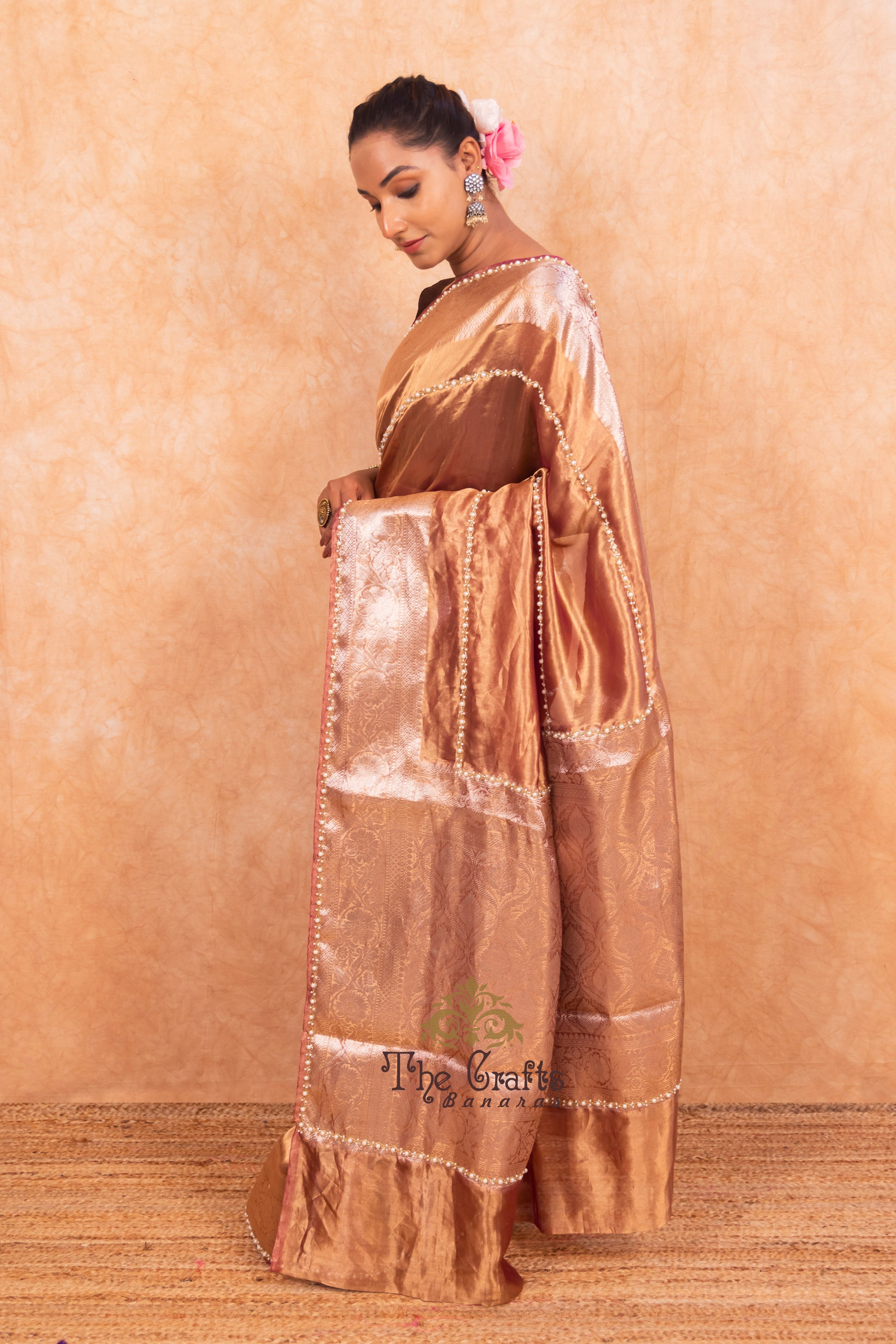 Pure Kora Tissue Silk Banarasi Saree - handwork motifs