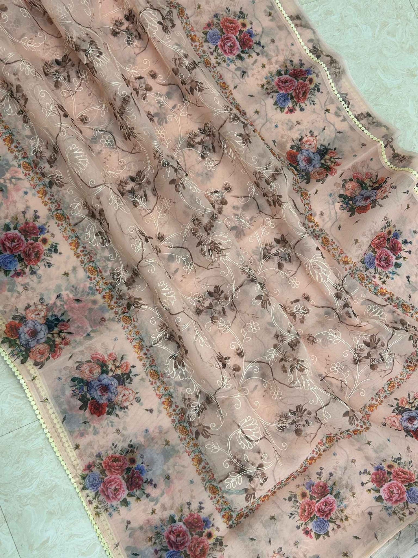 Kora Silk Banarasi Saree - Digital print with chikankari