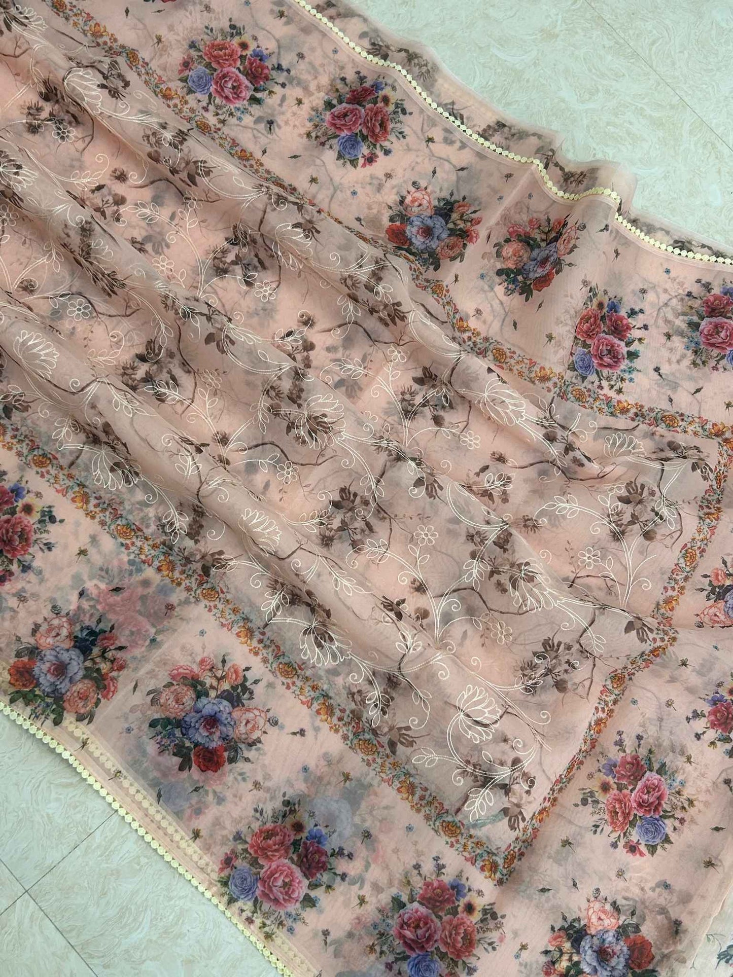 Kora Silk Banarasi Saree - Digital print with chikankari