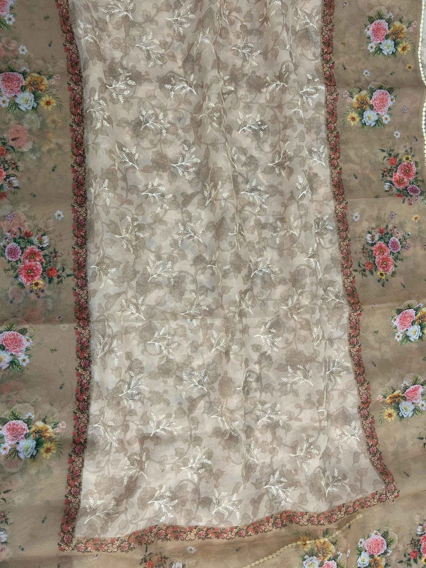 Kora Silk Banarasi Saree - Digital print with chikankari