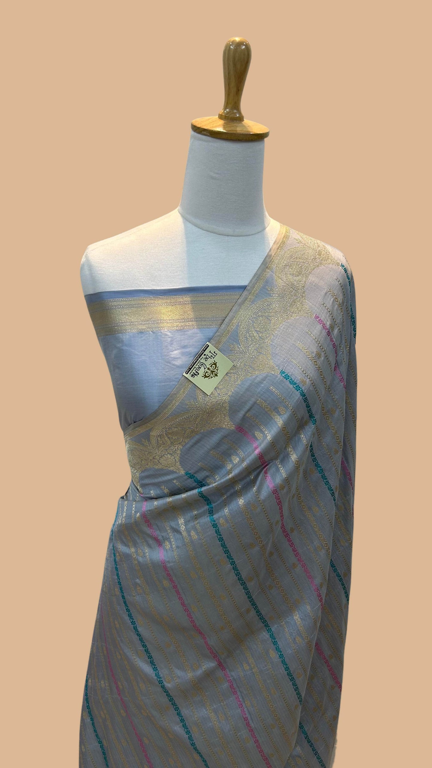 Pure Katan Silk Handloom Banarasi Saree - All over stripe work with meenakari