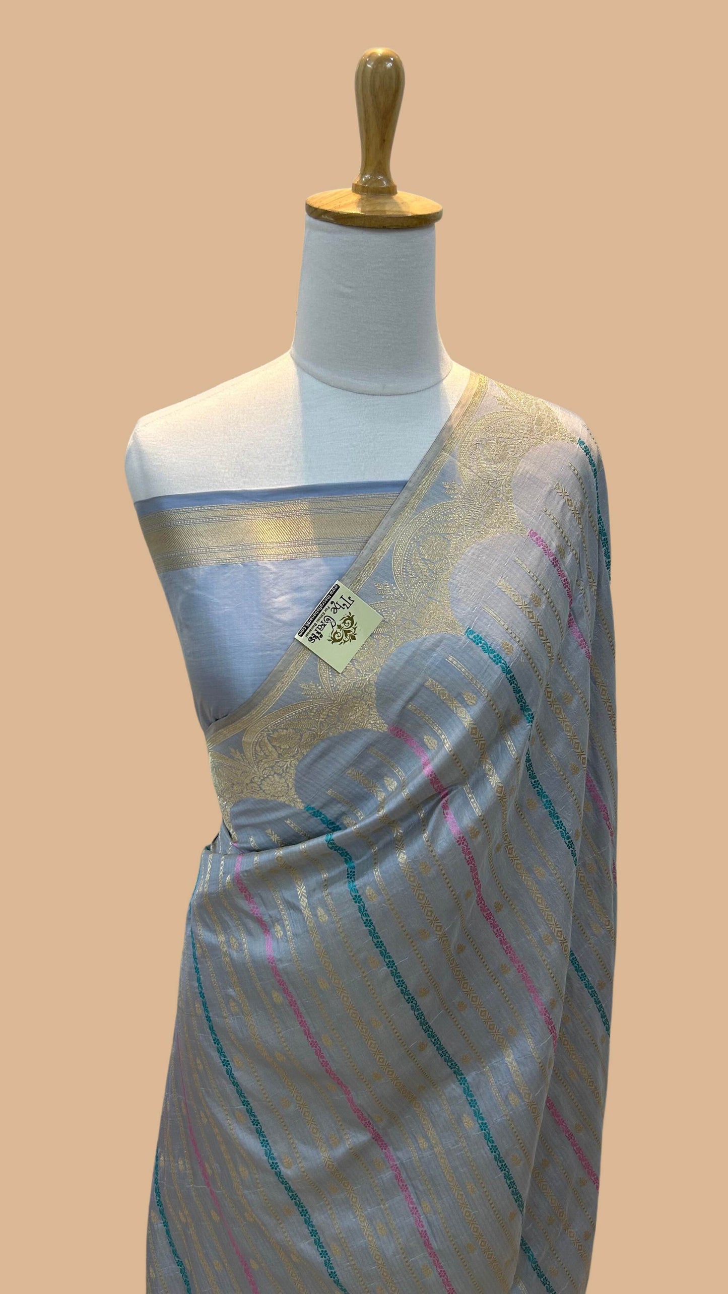 Pure Katan Silk Handloom Banarasi Saree - All over stripe work with meenakari