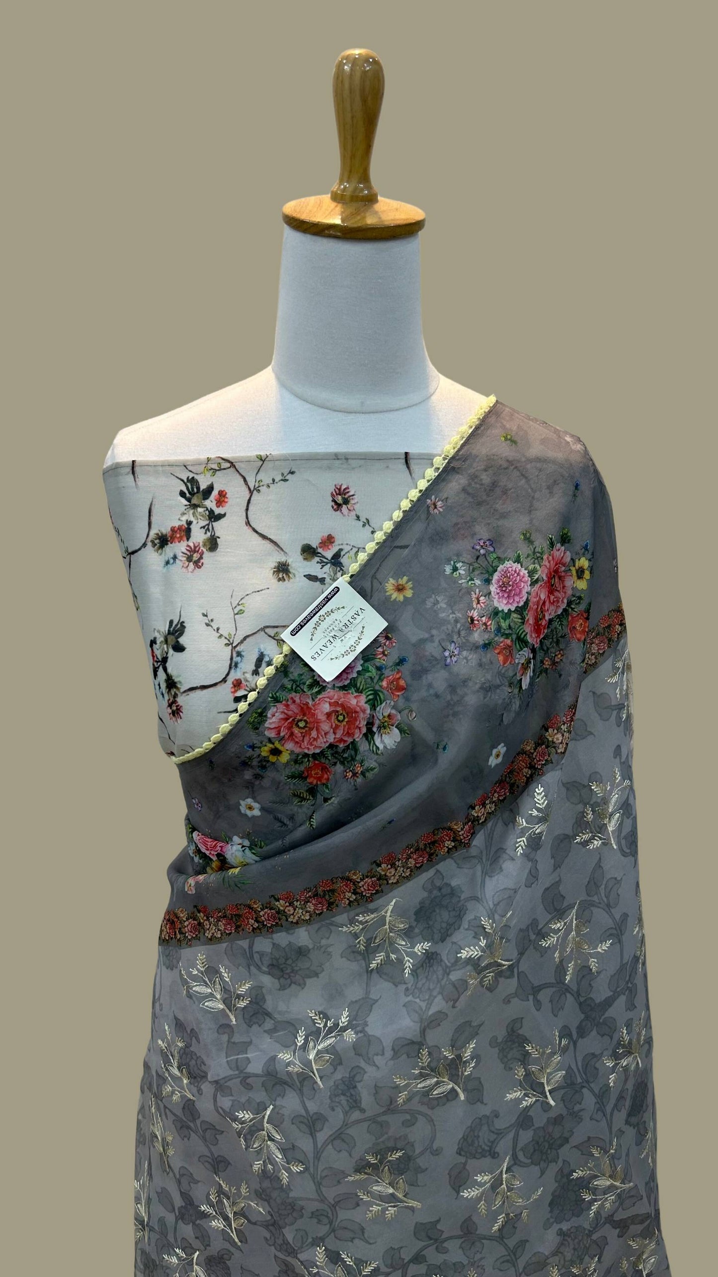 Kora Silk Banarasi Saree - Digital print with chikankari