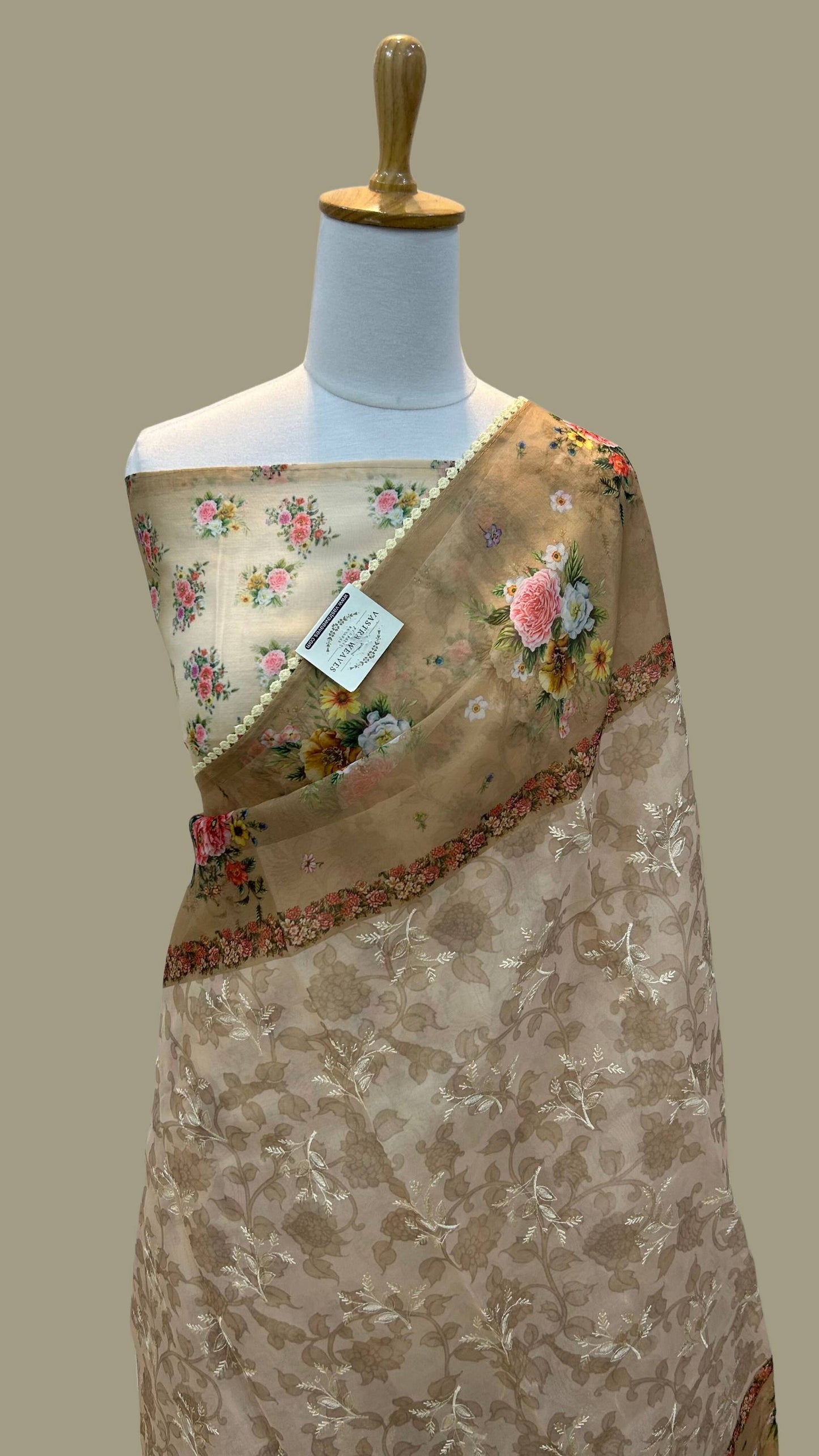 Kora Silk Banarasi Saree - Digital print with chikankari