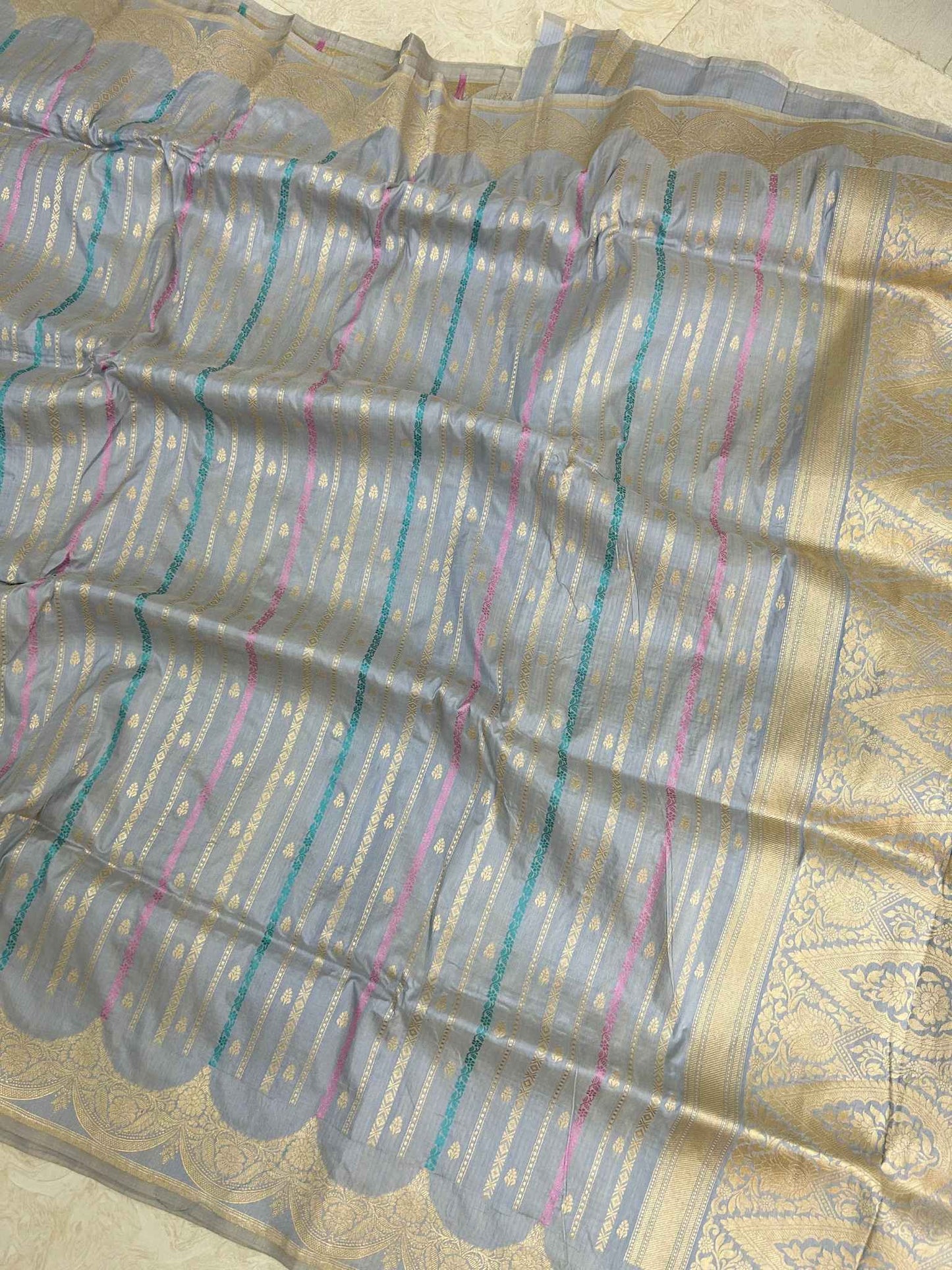 Pure Katan Silk Handloom Banarasi Saree - All over stripe work with meenakari