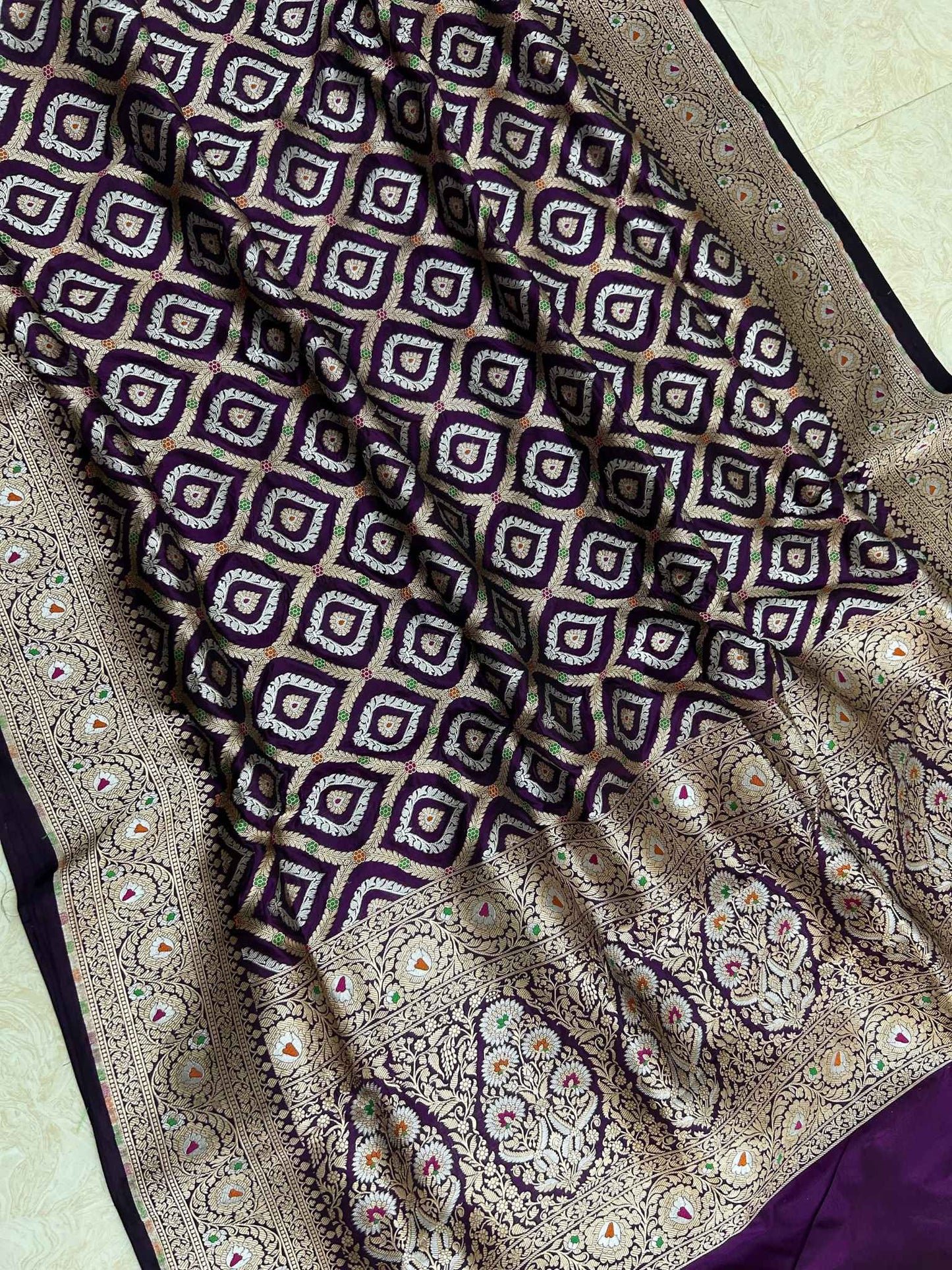 Pure Katan Silk Handloom Banarasi Saree - All over sona roopa jaal work with meenakari