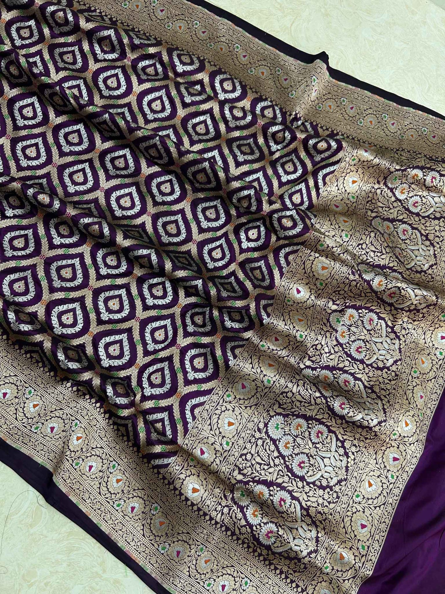 Pure Katan Silk Handloom Banarasi Saree - All over sona roopa jaal work with meenakari