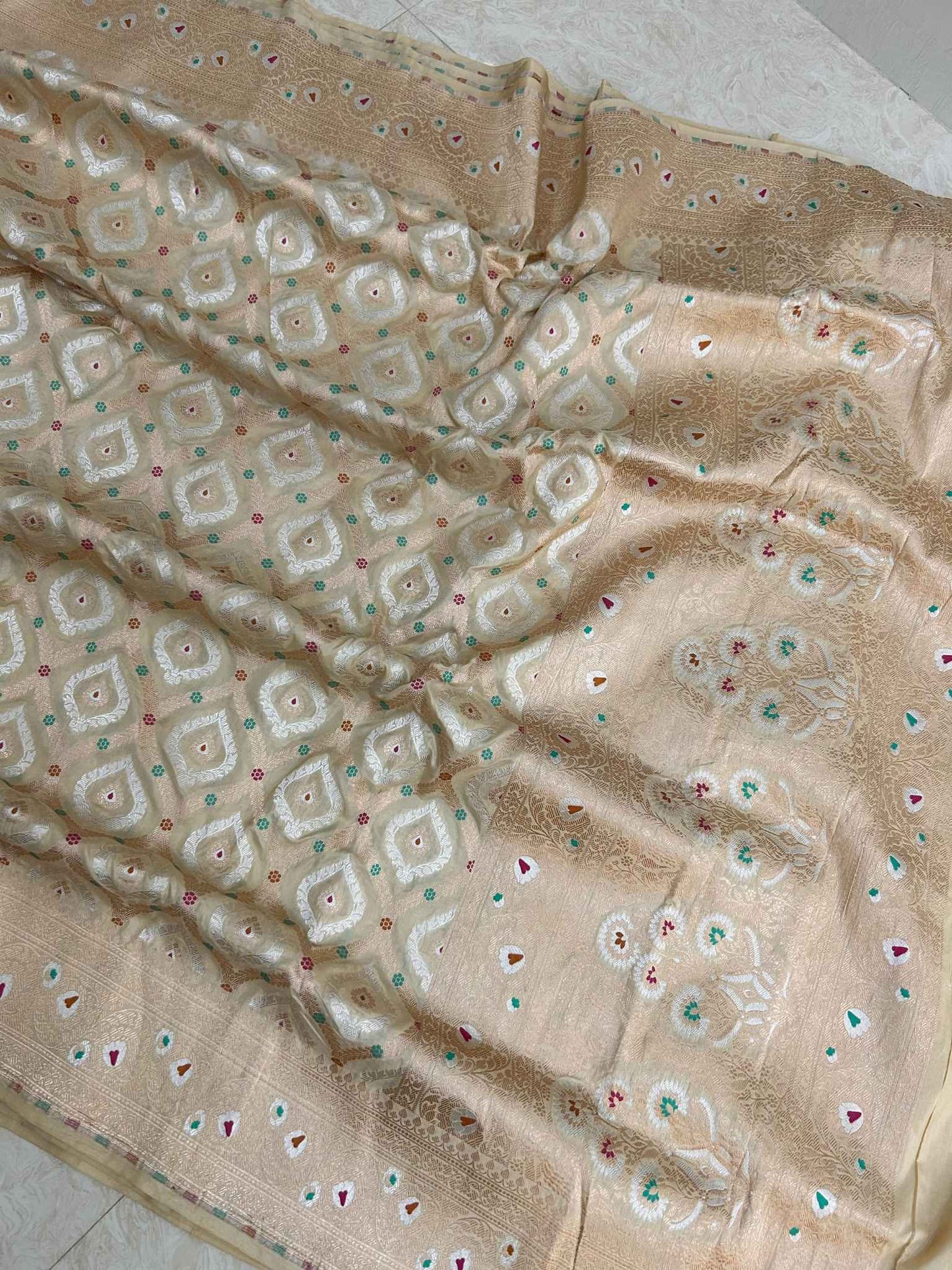 Pure Katan Silk Handloom Banarasi Saree - All over sona roopa jaal work with meenakari