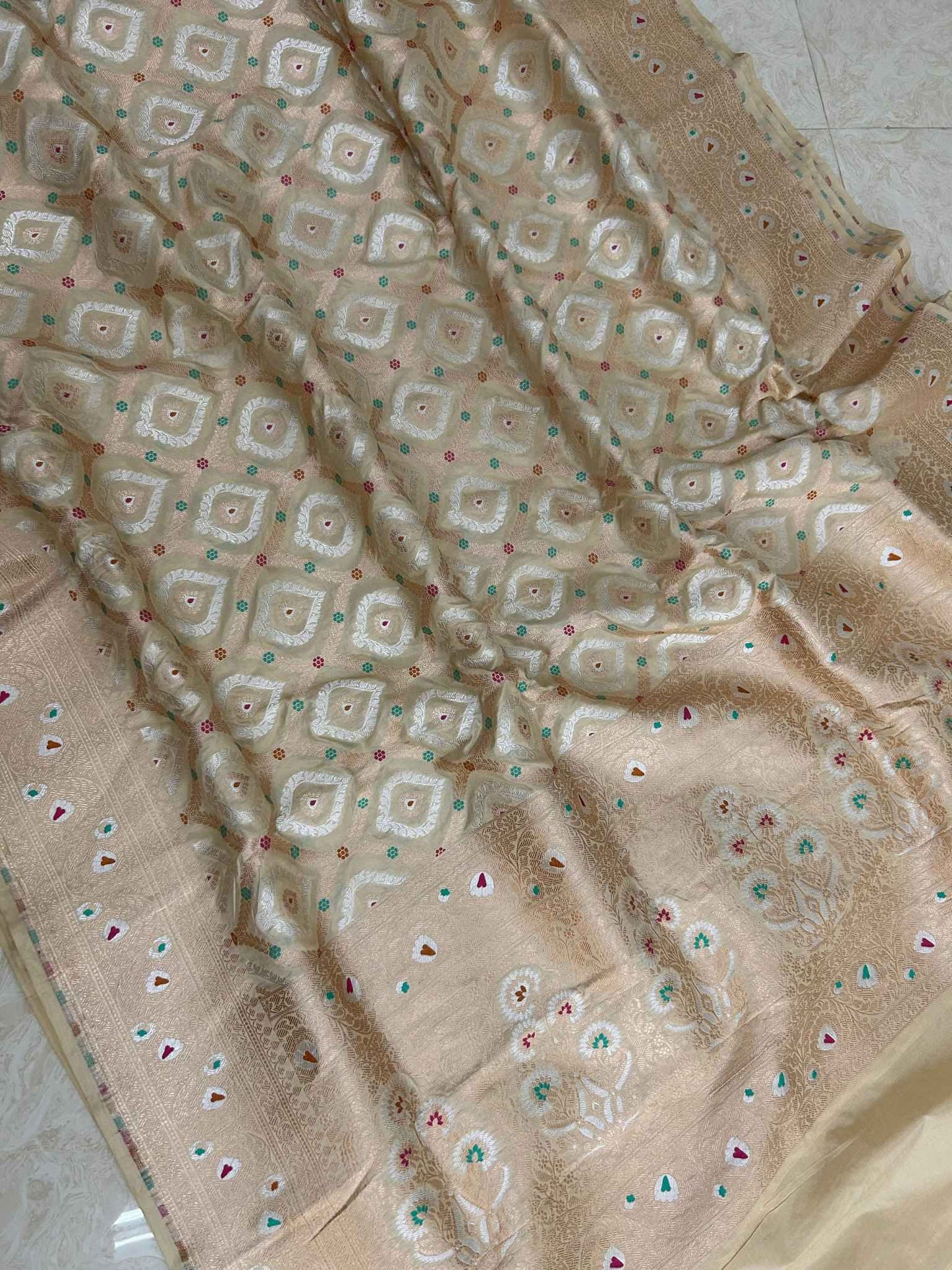 Pure Katan Silk Handloom Banarasi Saree - All over sona roopa jaal work with meenakari