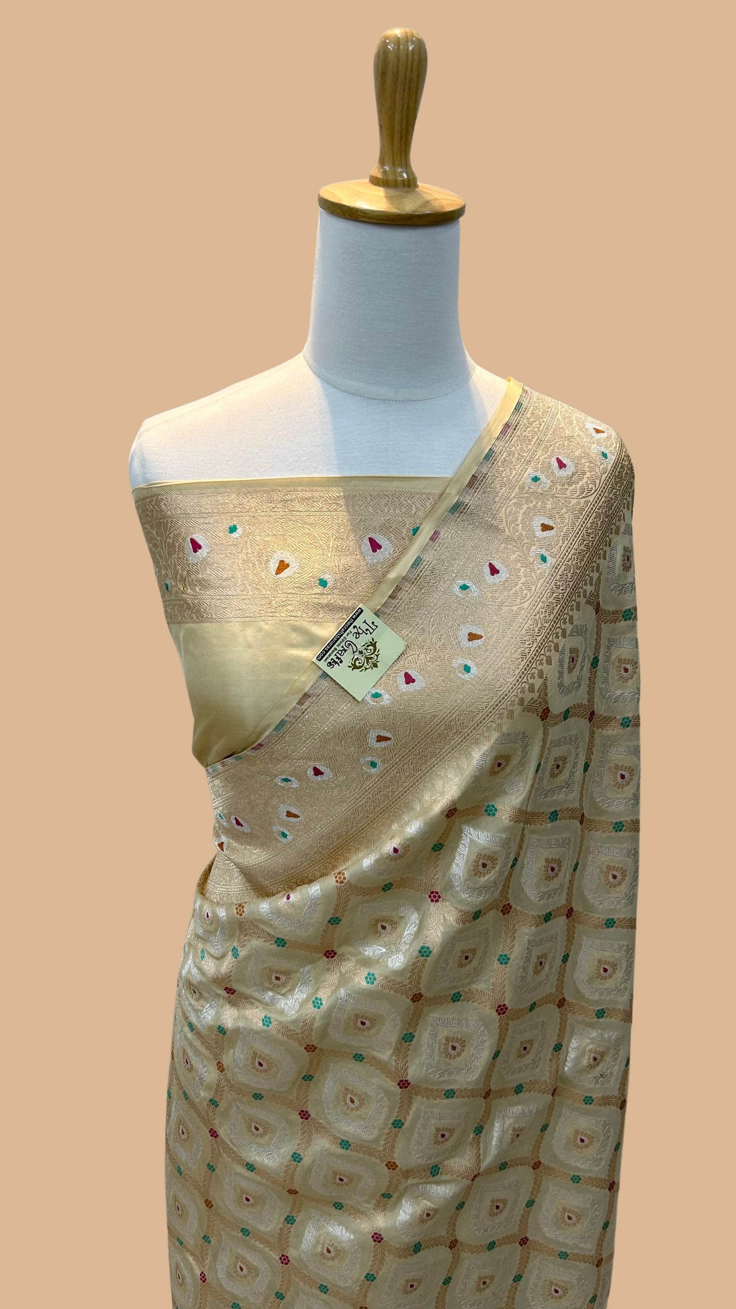 Pure Katan Silk Handloom Banarasi Saree - All over sona roopa jaal work with meenakari
