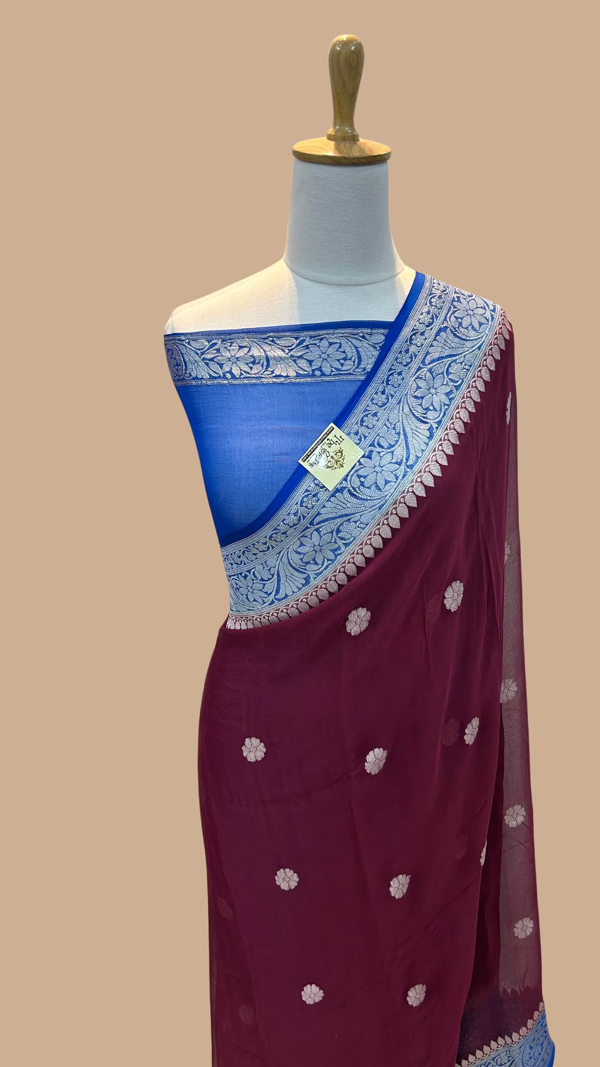 Pure Georgette Banarasi Handloom Saree - Silver Zari