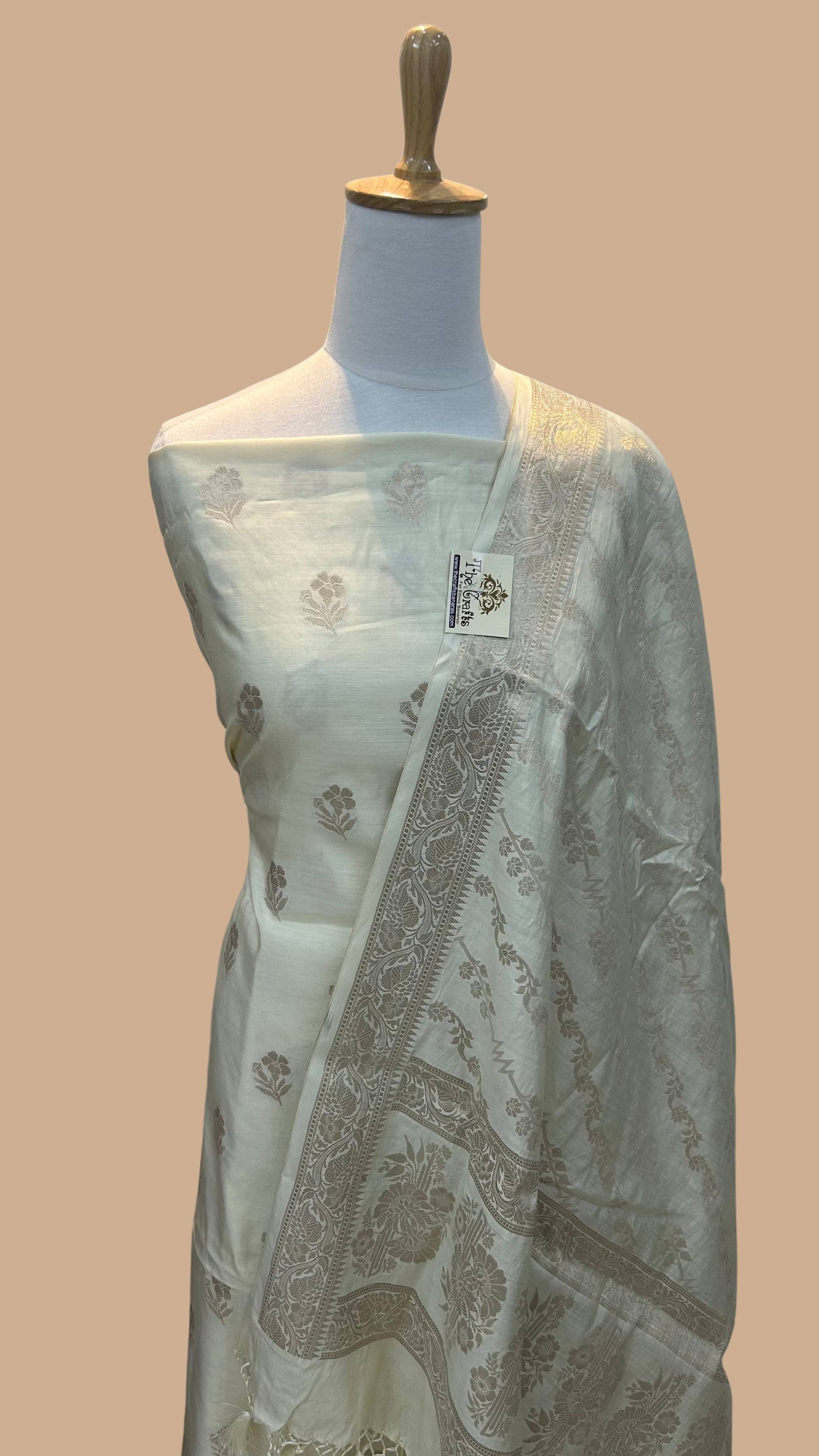 banarasi silk dress material manufacturers 3pc Zari Jaal & Buti Silk Banarasi Unstitched Dress Material Suit Sets