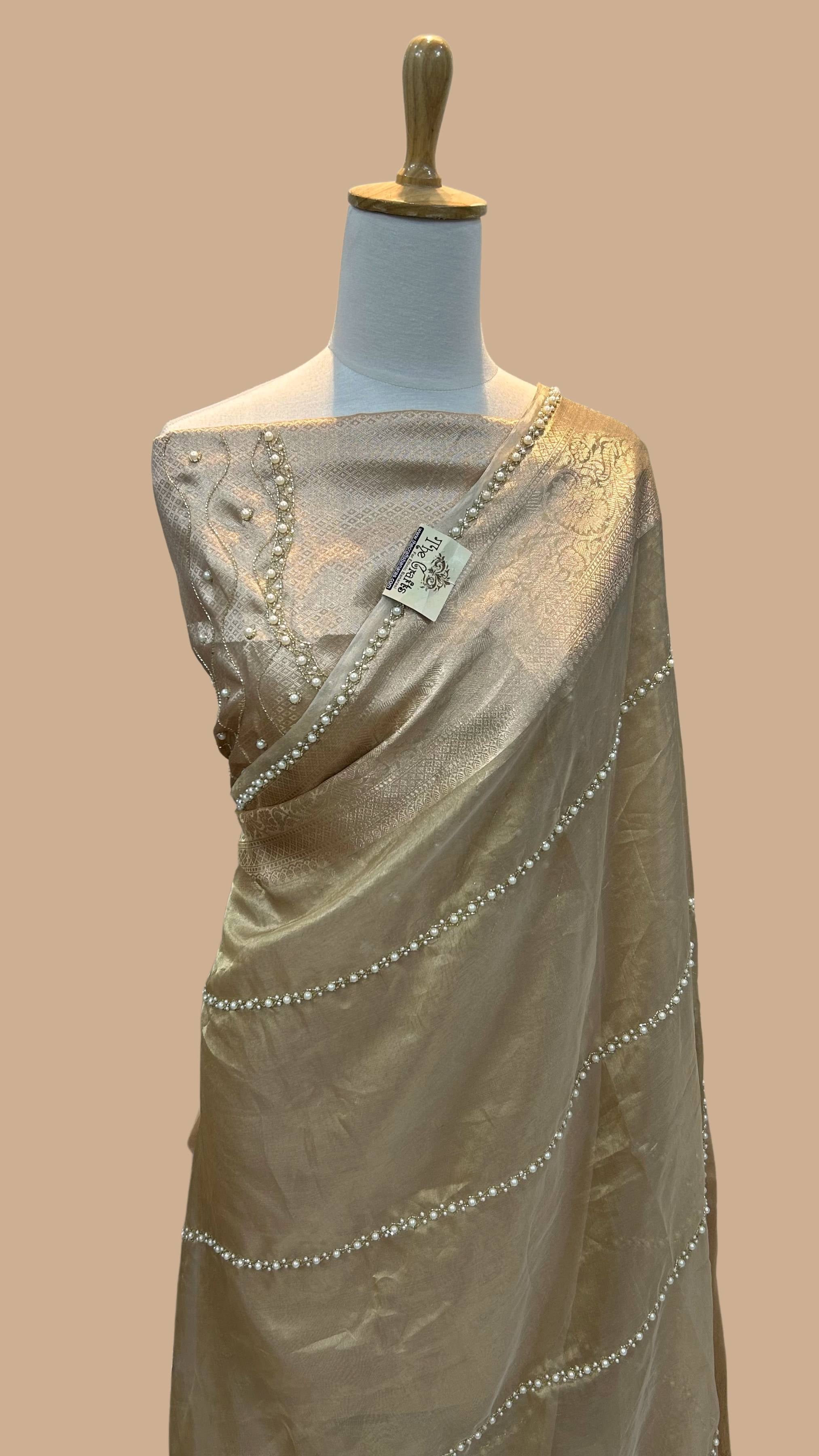 Pure Kora Tissue Silk Banarasi Saree - handwork  motifs