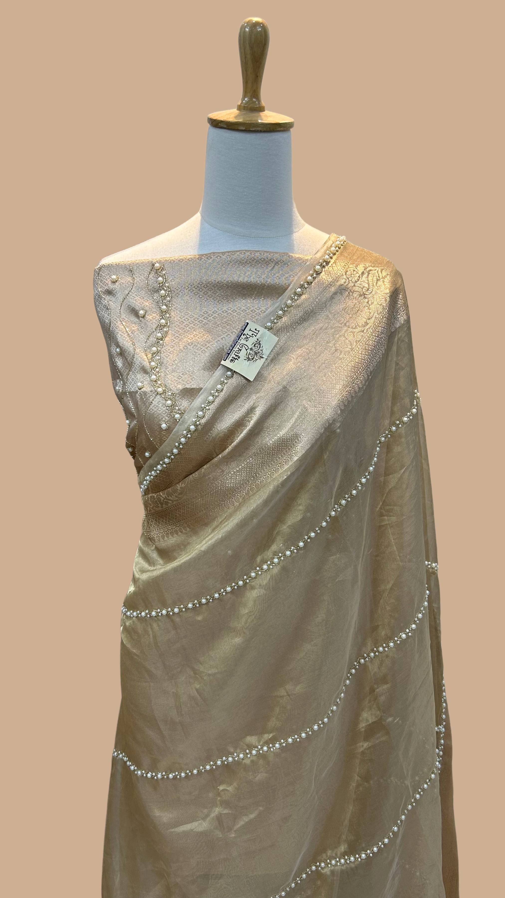 Pure Kora Tissue Silk Banarasi Saree - handwork  motifs