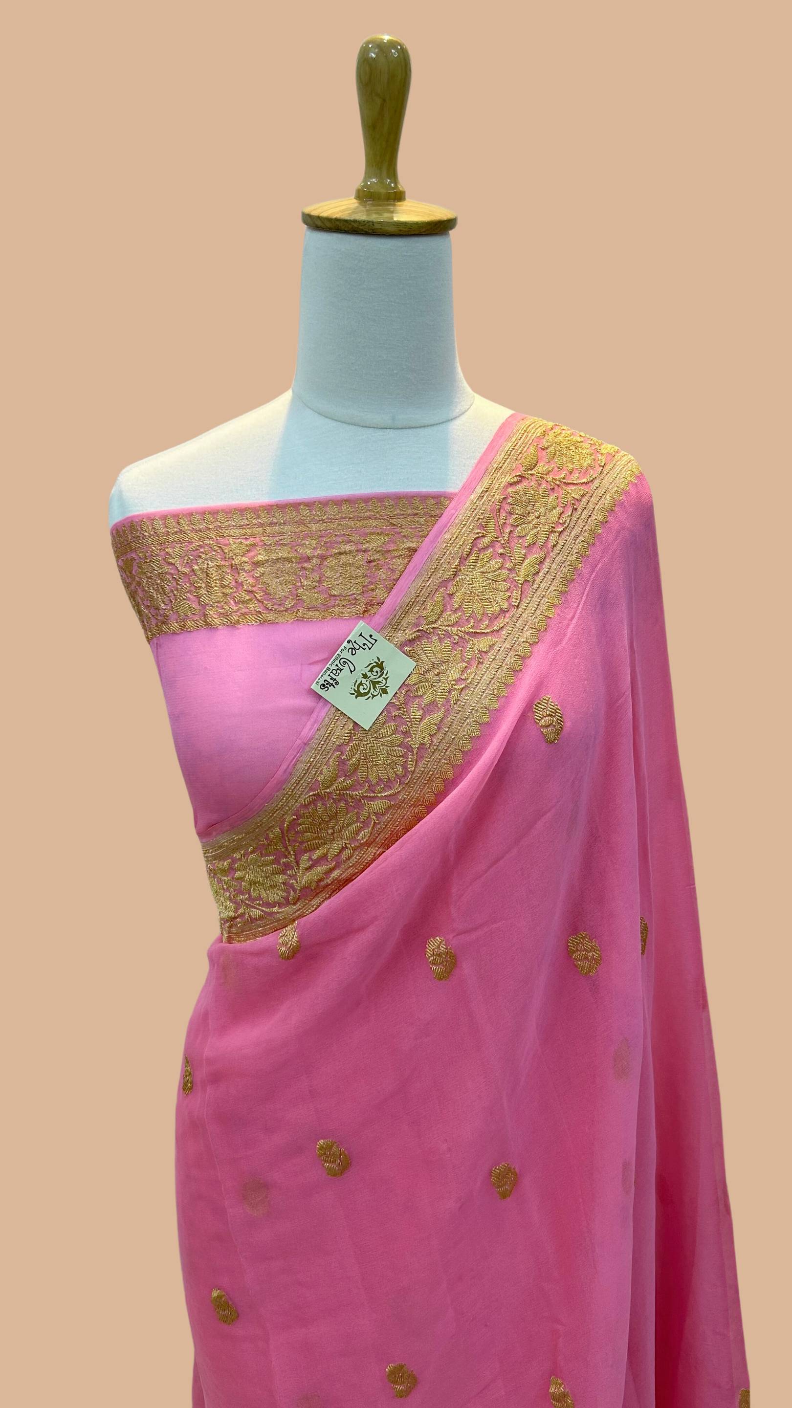 Pure Georgette Handloom Banarasi Saree - Gold Zari