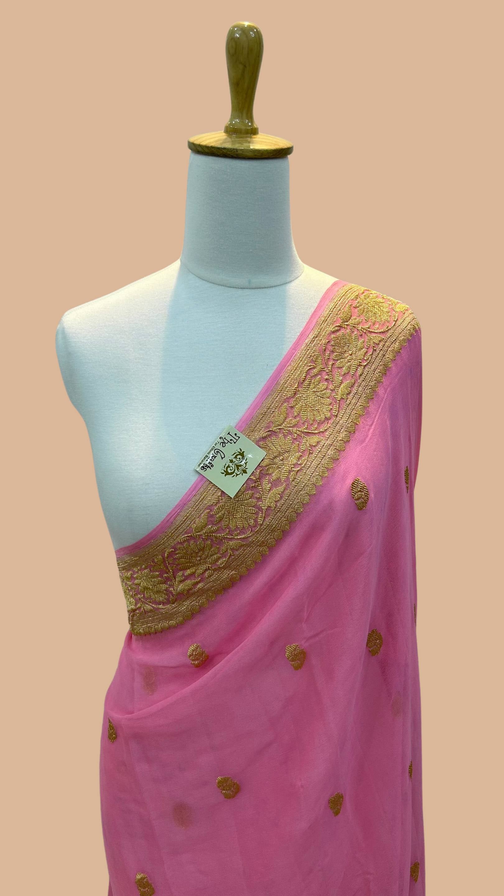 Pure Georgette Handloom Banarasi Saree - Gold Zari
