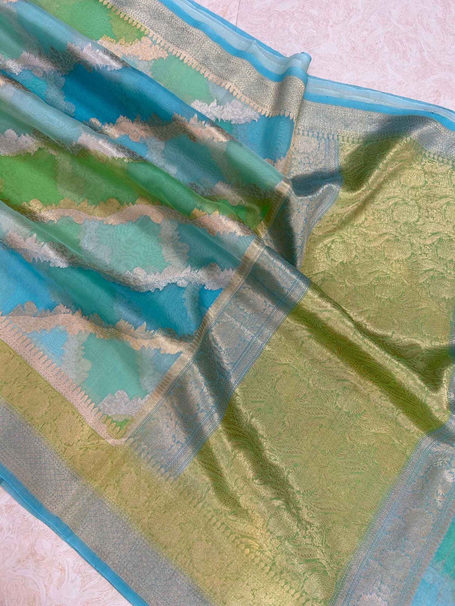 Pure Kora Silk Handloom Banarasi Saree - Sona Rupa Kadiyal Stripes