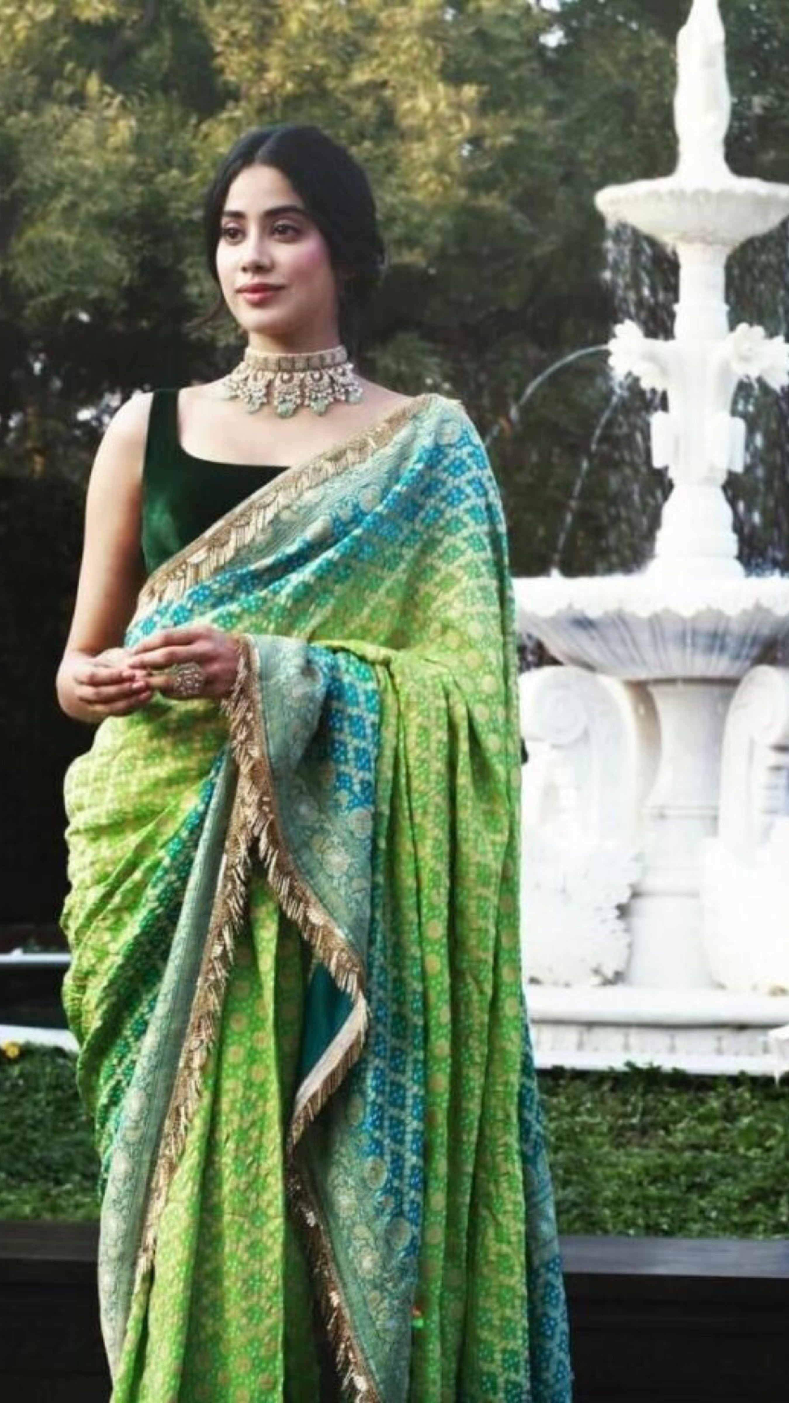Janhvi Kapoor in Pure Georgette Banarasi Handloom Bandhej Saree