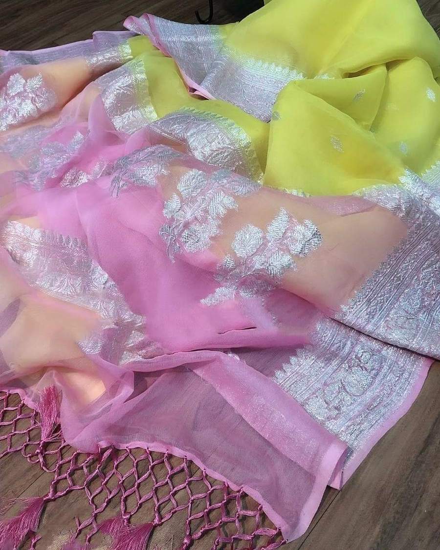 Pure Georgette Banarasi Handloom Saree - Silver Zari - The Crafts Clothing