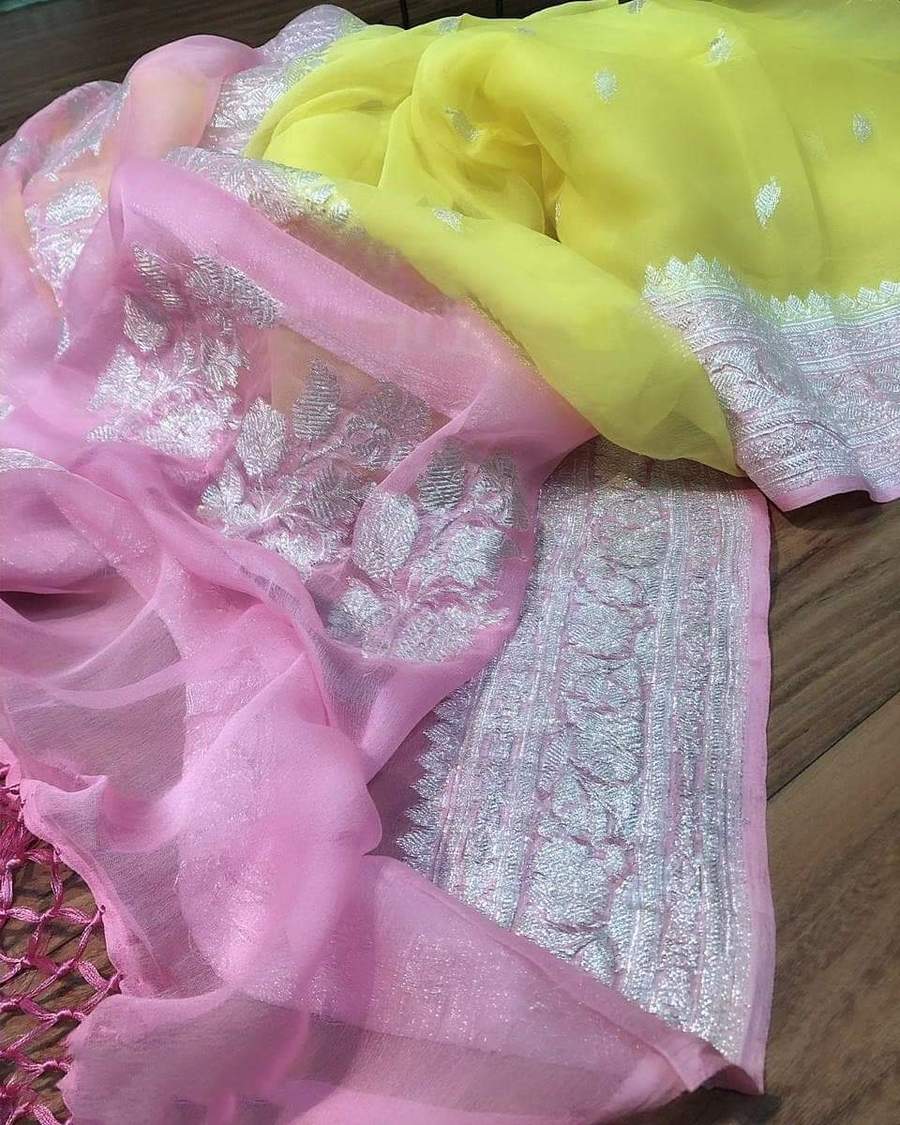 Pure Georgette Banarasi Handloom Saree - Silver Zari - The Crafts Clothing