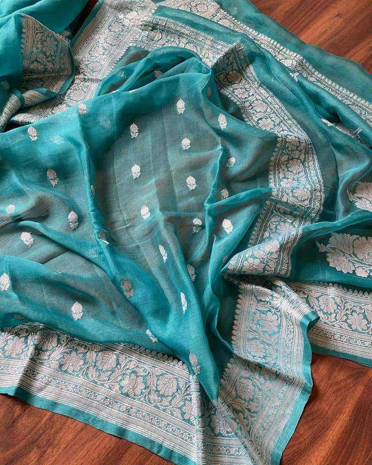 Pure Georgette Banarasi Saree - Silver Zari - The Crafts Clothing
