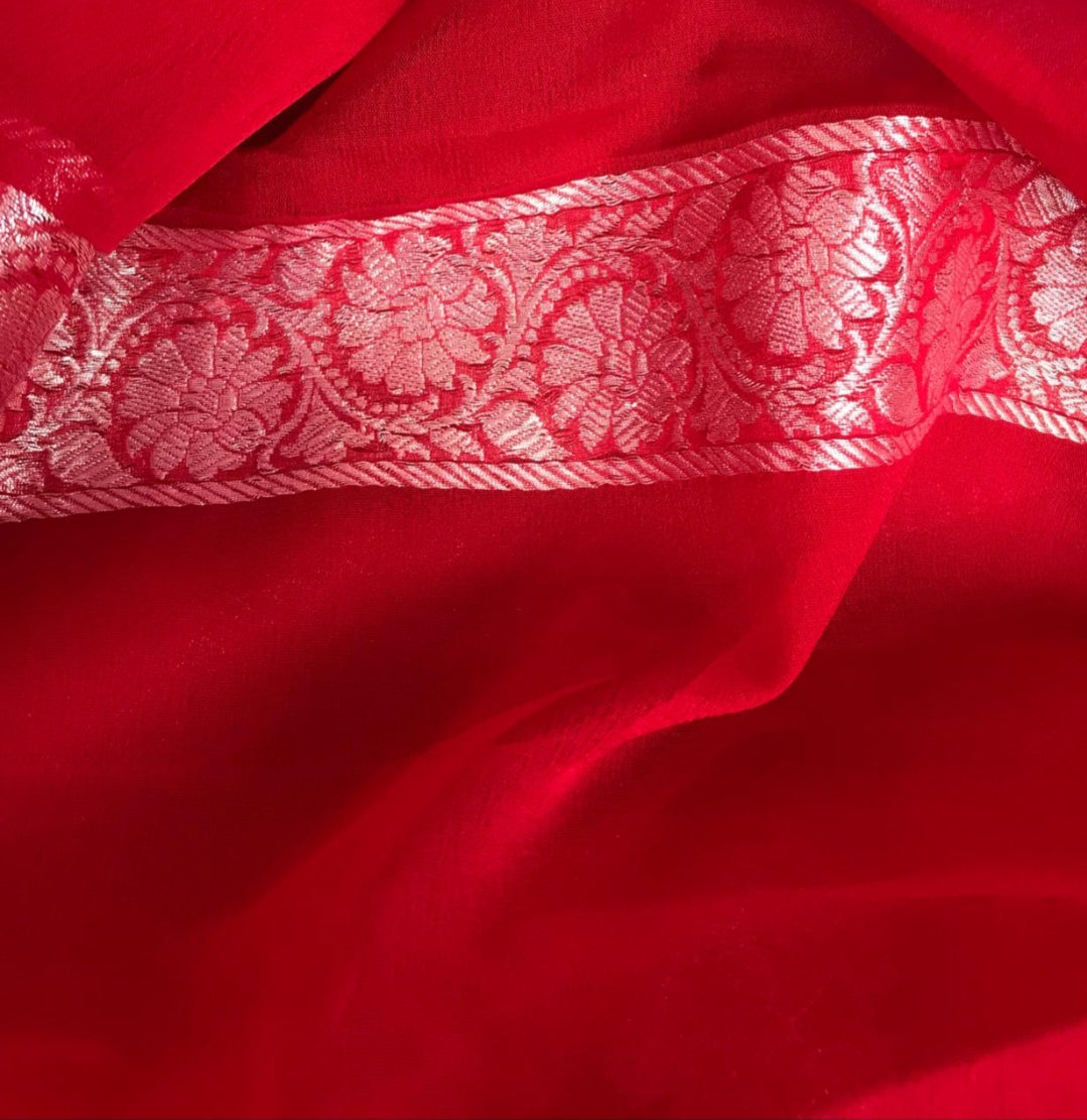 Pure Georgette Banarasi Handloom Saree - Silver Zari - The Crafts Clothing