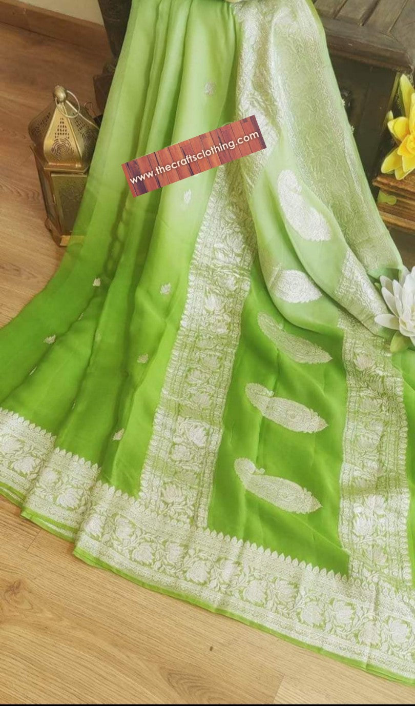 Pure Georgette Banarasi Saree - Silver Zari - The Crafts Clothing