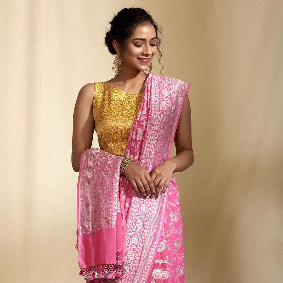 Pure Georgette Banarasi Saree - Silver Zari