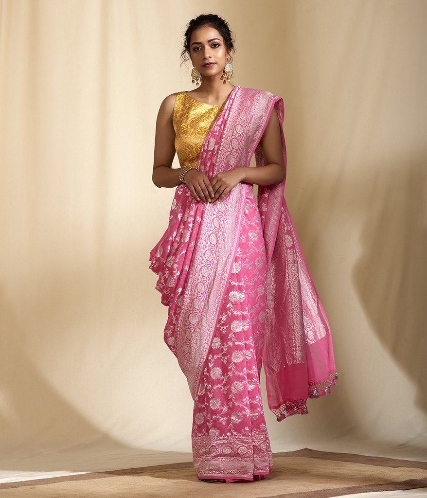 Pure Georgette Banarasi Saree - Silver Zari