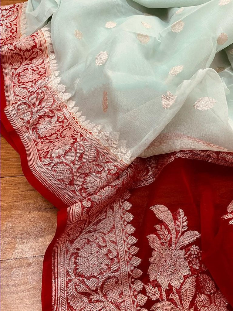 Pure Georgette Banarasi Handloom Saree - Silver Zari - The Crafts Clothing