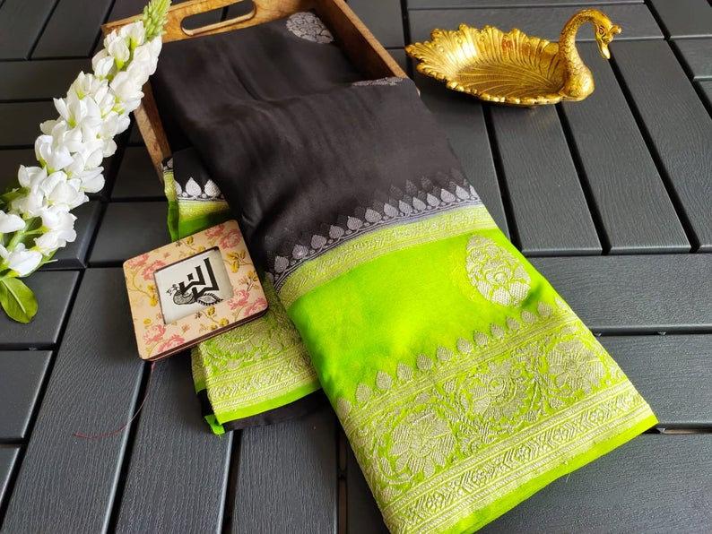 Pure Georgette Banarasi Handloom Saree - Silver Zari - The Crafts Clothing