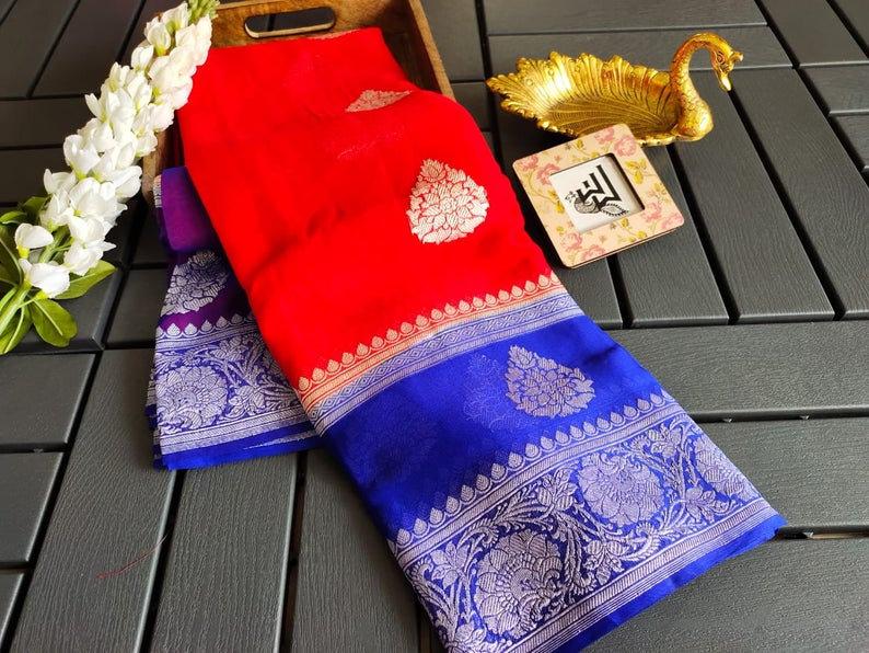 Pure Georgette Banarasi Handloom Saree - Silver Zari - The Crafts Clothing