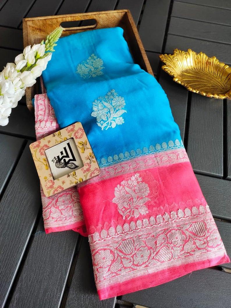Pure Georgette Banarasi Handloom Saree - Silver Zari - The Crafts Clothing