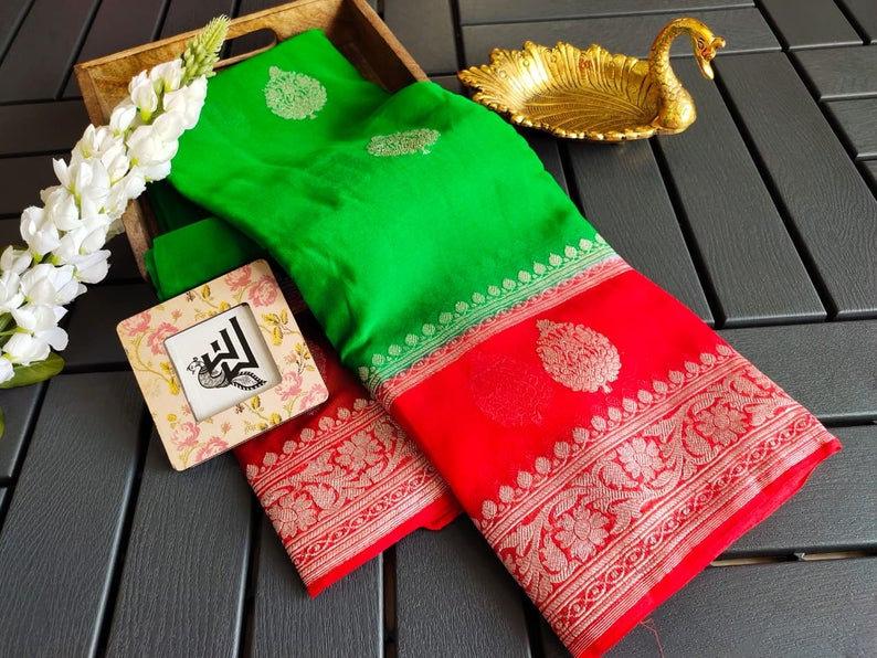 Pure Georgette Banarasi Handloom Saree - Silver Zari - The Crafts Clothing