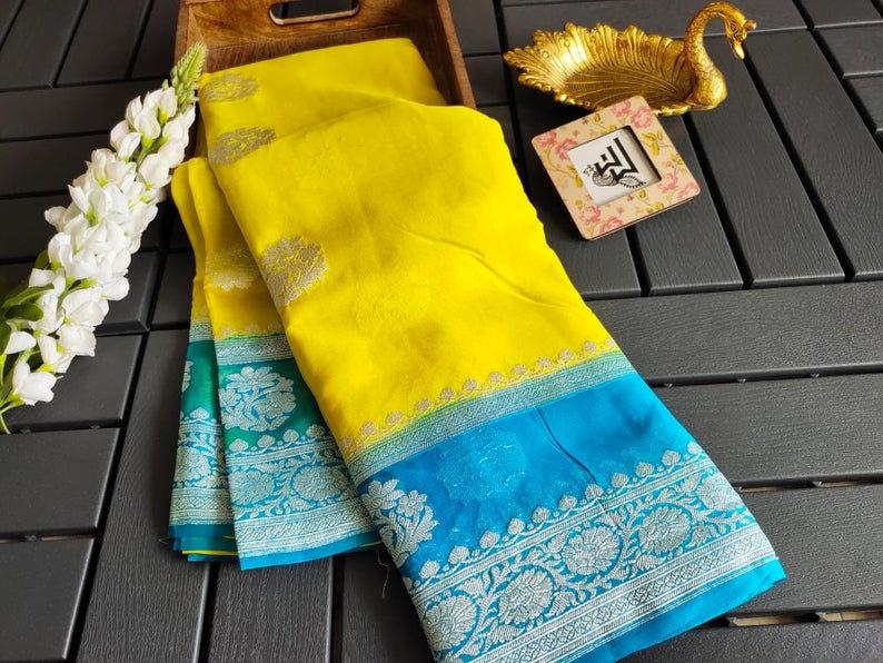 Pure Georgette Banarasi Handloom Saree - Silver Zari - The Crafts Clothing