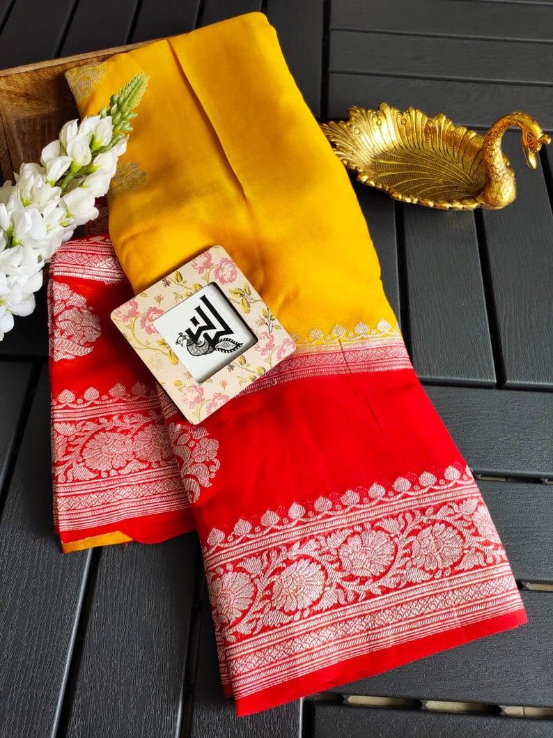 Pure Georgette Banarasi Handloom Saree - Silver Zari - The Crafts Clothing