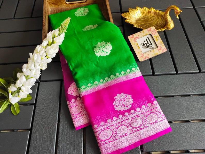 Pure Georgette Banarasi Handloom Saree - Silver Zari - The Crafts Clothing