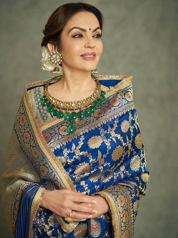 Nita Ambani in Pure Katan Silk Handloom Banarasi Saree - Jaal Work With Meenakari